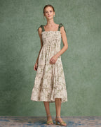 Yeşil Çiçekli Bağcıklı Midi Elbise