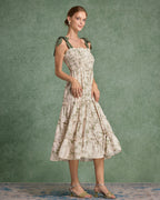 Yeşil Çiçekli Bağcıklı Midi Elbise