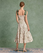 Yeşil Çiçekli Bağcıklı Midi Elbise