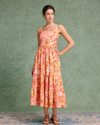 Turuncu Çiçekli Kare Yaka Midi Elbise