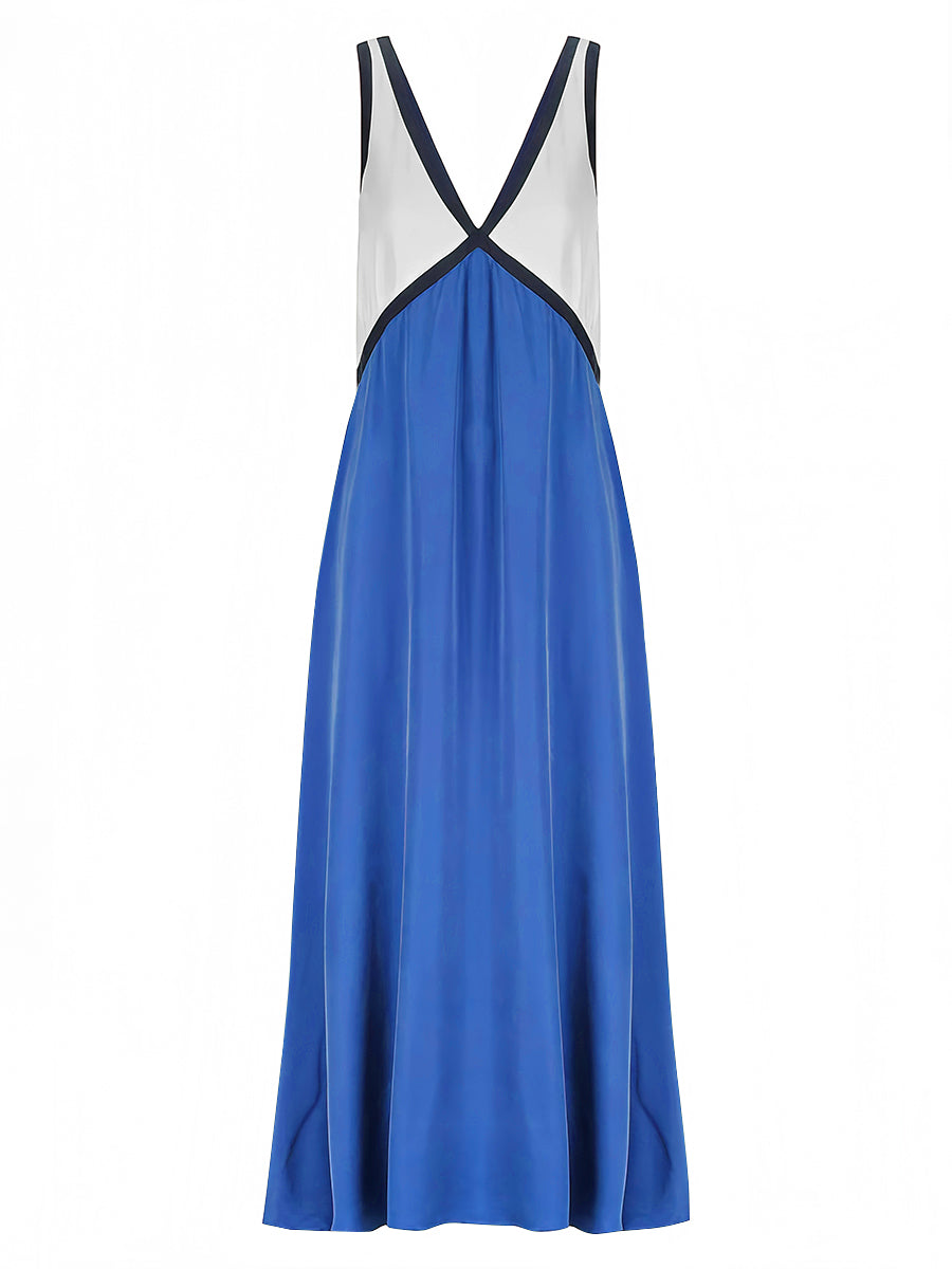 Renk Bloklu Kolsuz Sırtı Açık Uzun Elbise