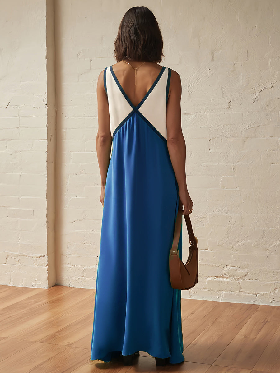 Renk Bloklu Kolsuz Sırtı Açık Uzun Elbise