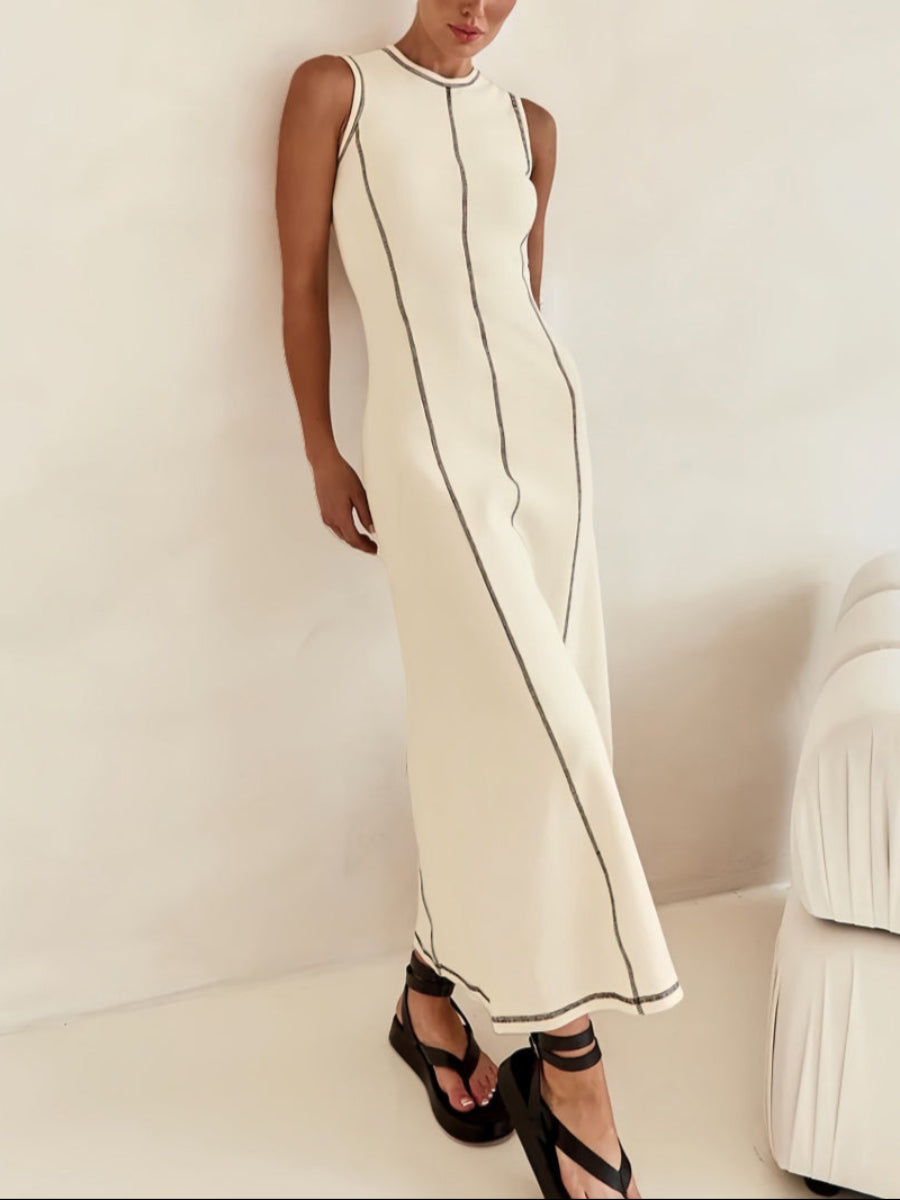 Kontrast Dikişli Kolsuz Midi Elbise