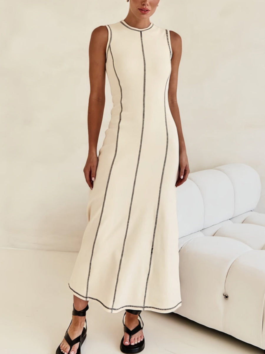 Kontrast Dikişli Kolsuz Midi Elbise