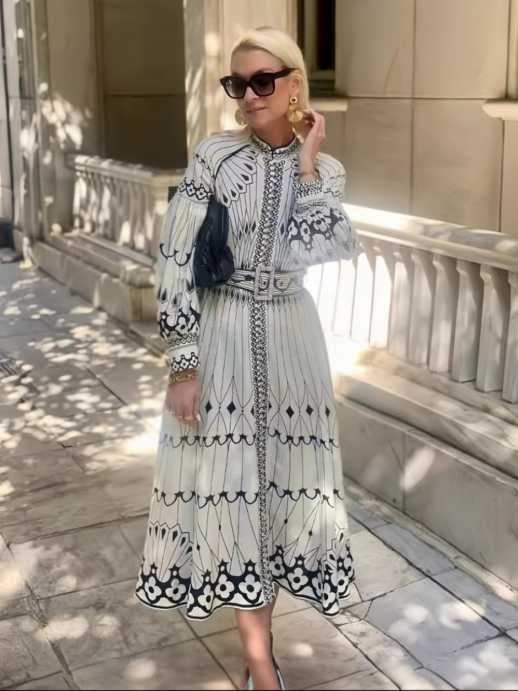 Vintage Baskılı Fener Kollu Midi Elbise