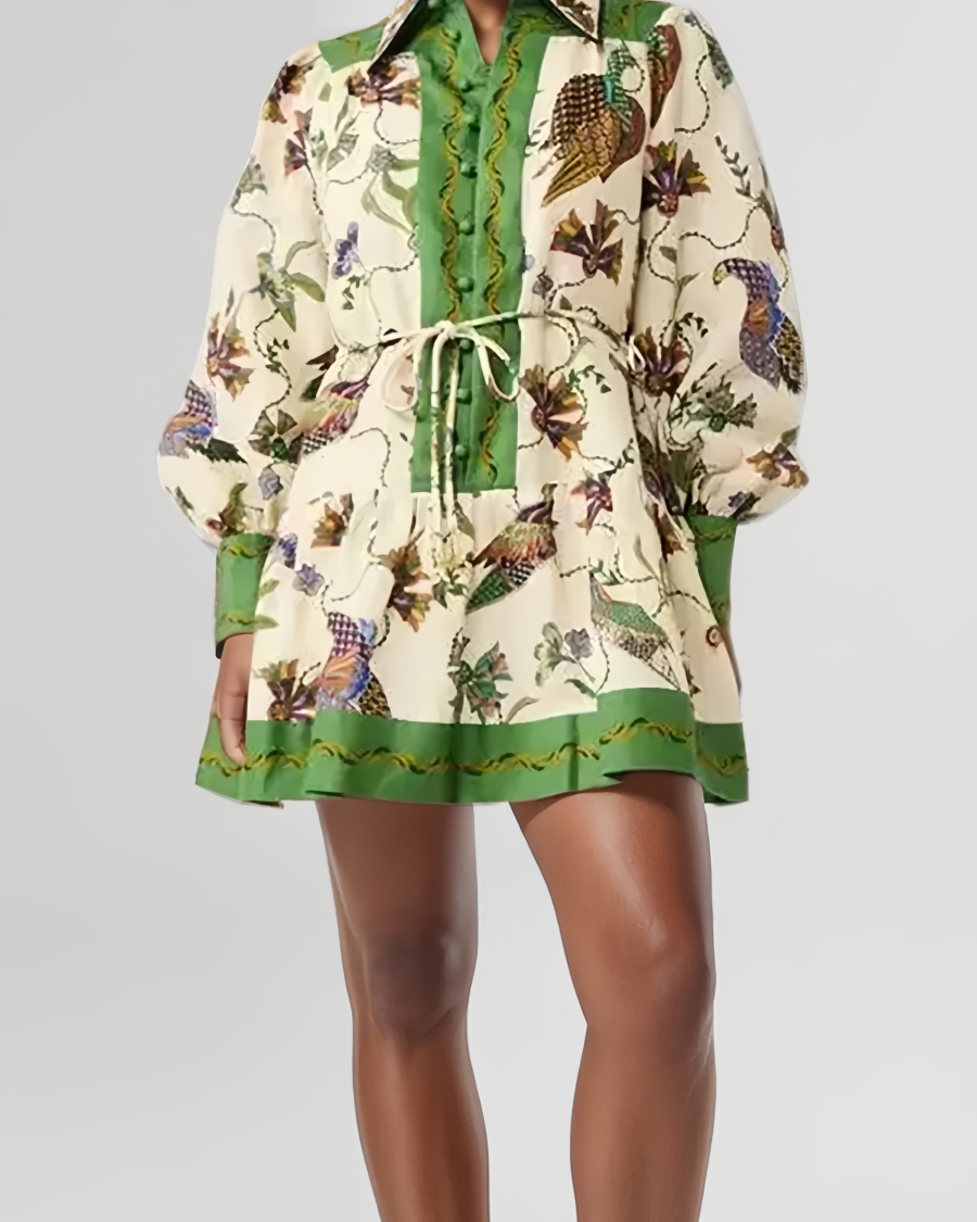 Çiçek Desenli Fener Kol Bağlamalı Mini Elbise