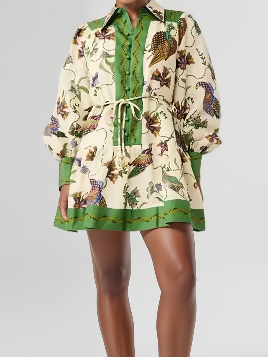 Çiçek Desenli Fener Kol Bağlamalı Mini Elbise