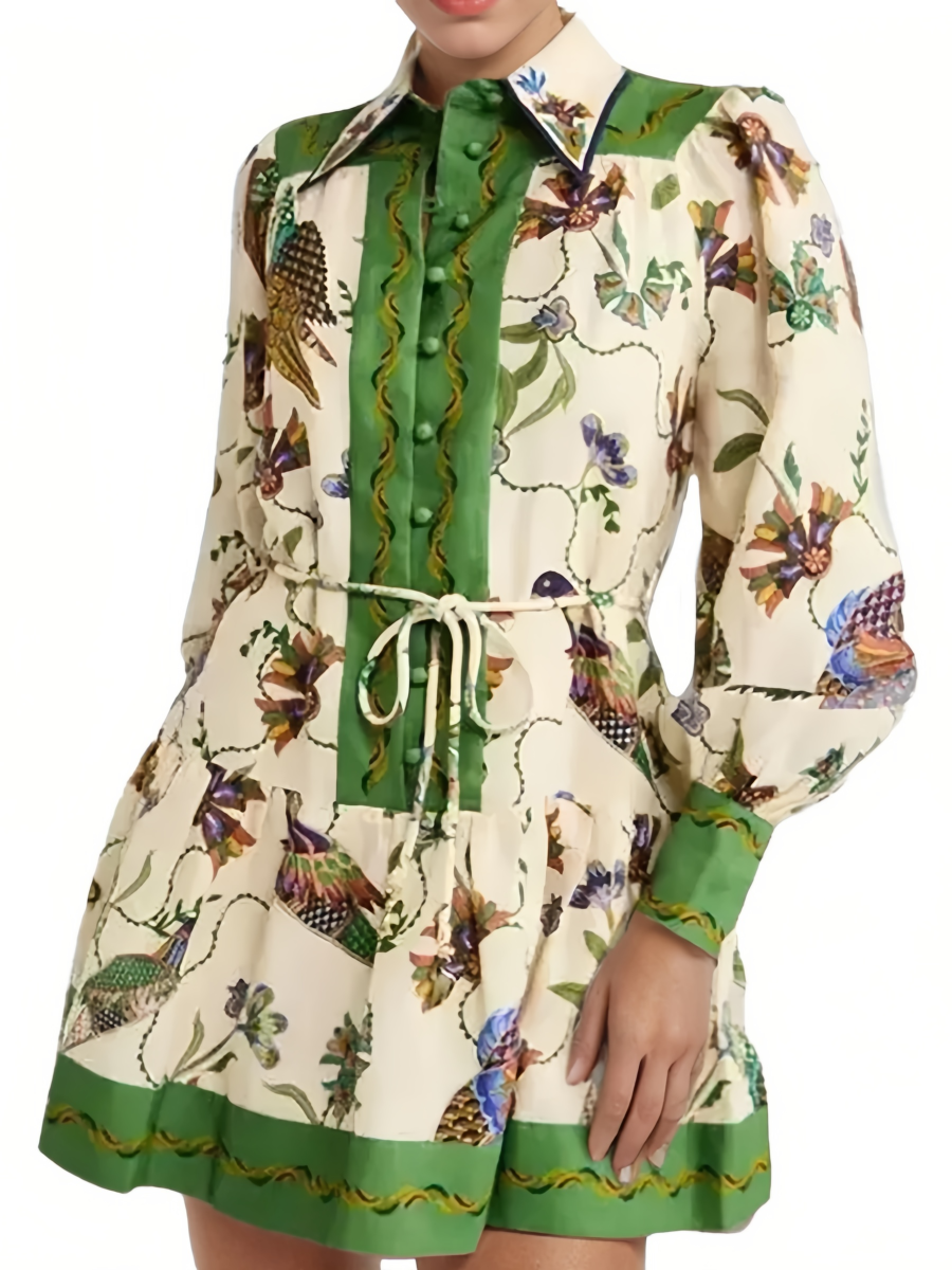Çiçek Desenli Fener Kol Bağlamalı Mini Elbise