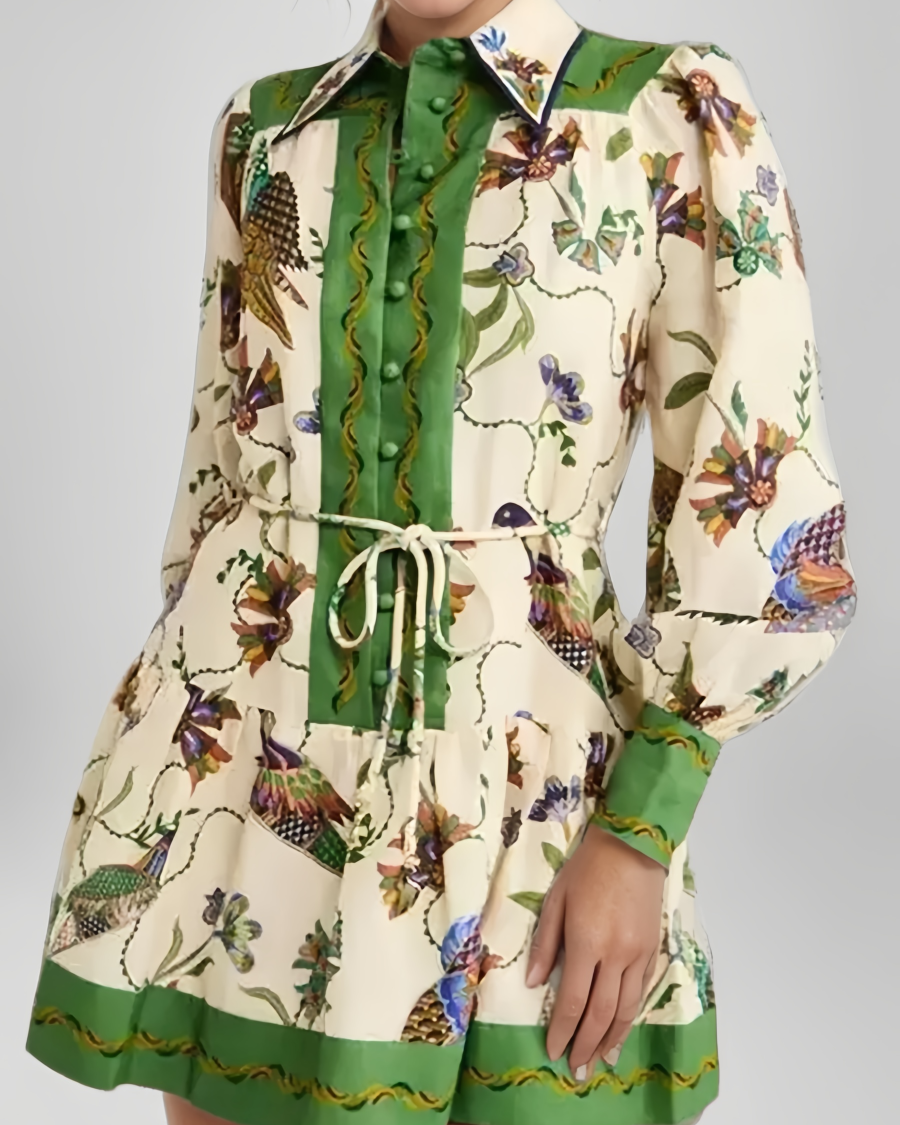 Çiçek Desenli Fener Kol Bağlamalı Mini Elbise