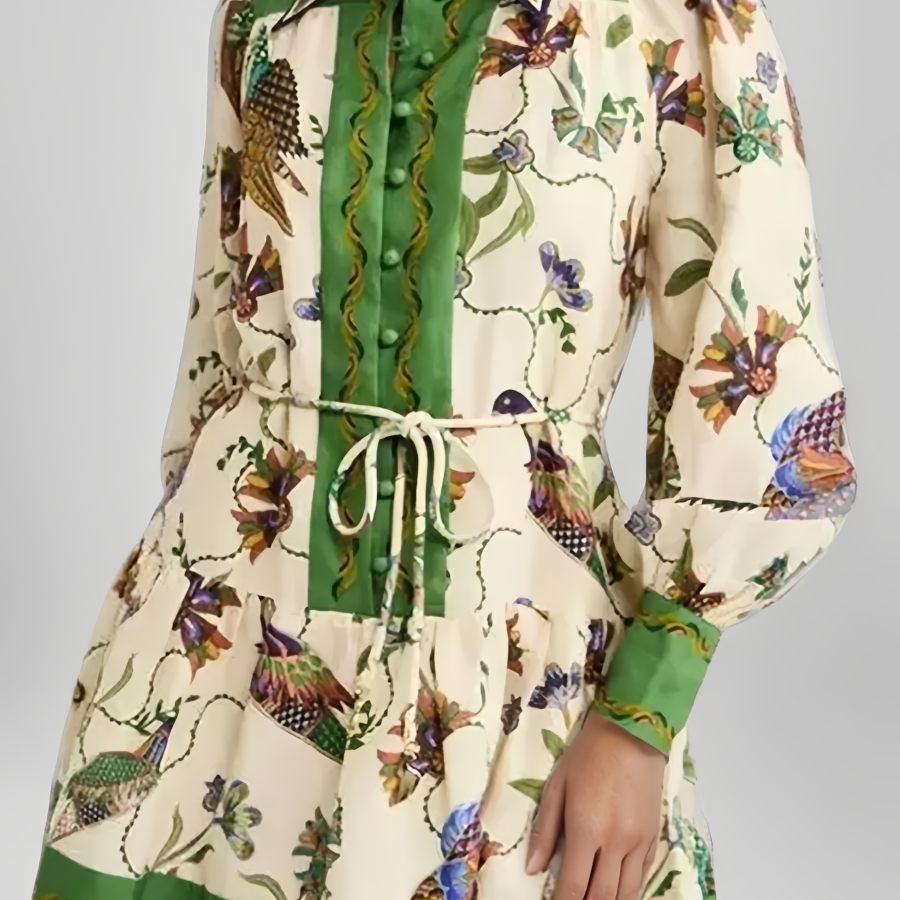 Çiçek Desenli Fener Kol Bağlamalı Mini Elbise
