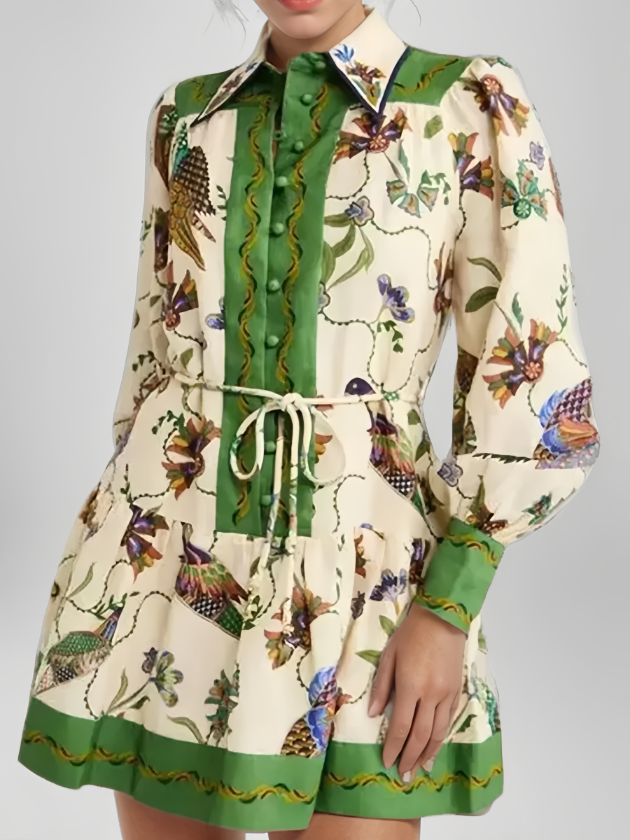 Çiçek Desenli Fener Kol Bağlamalı Mini Elbise