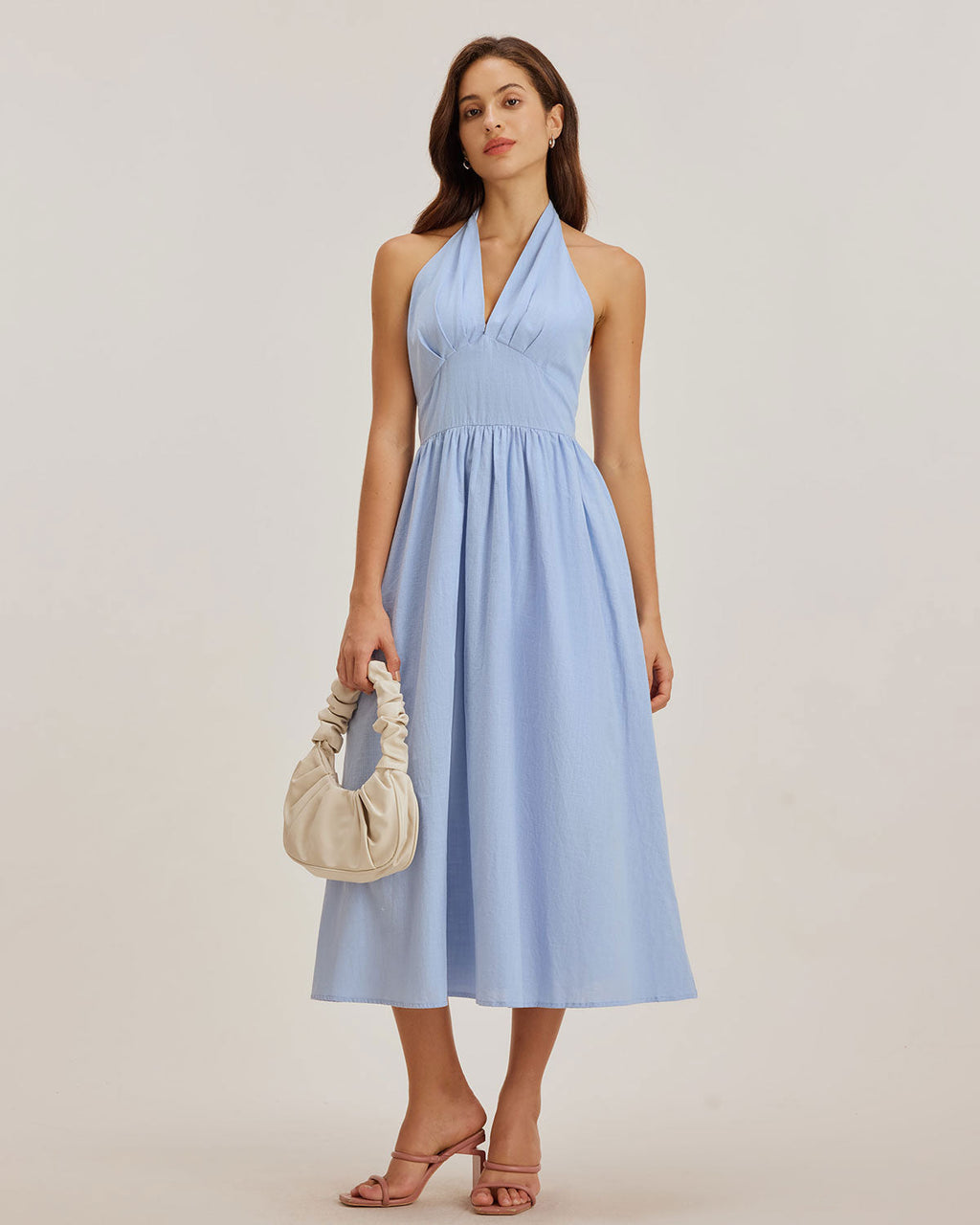 Mavi Halter Pileli Midi Elbise