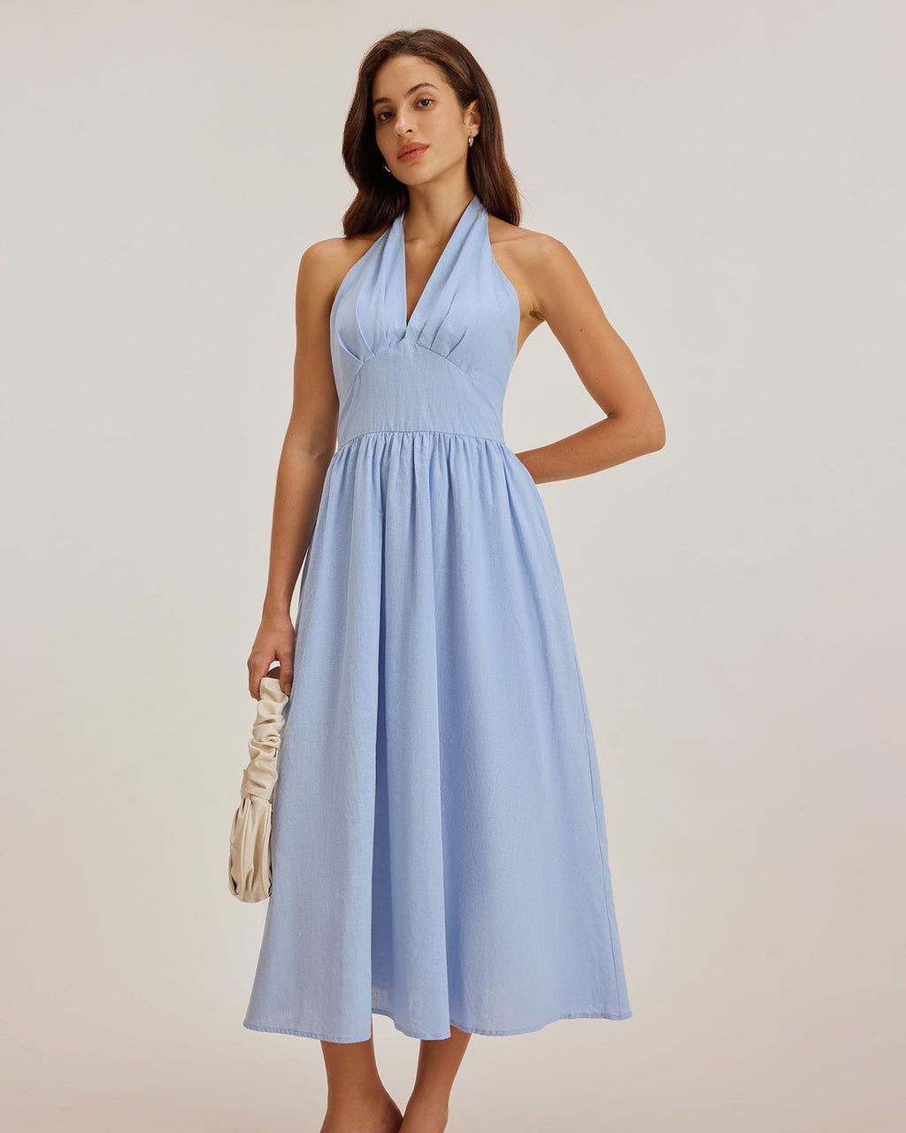 Mavi Halter Pileli Midi Elbise