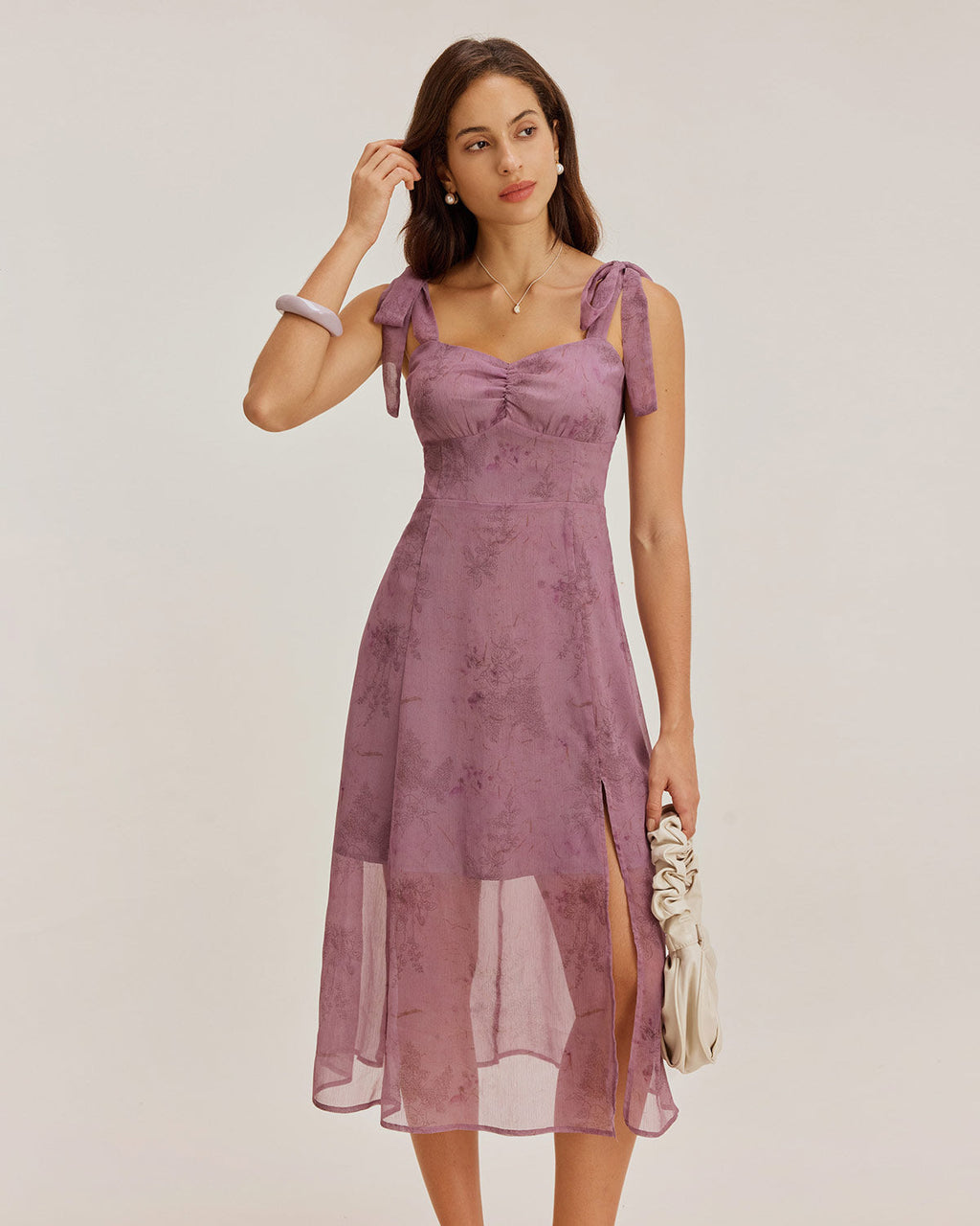 Mor Çiçekli Kravat Askılı Midi Elbise