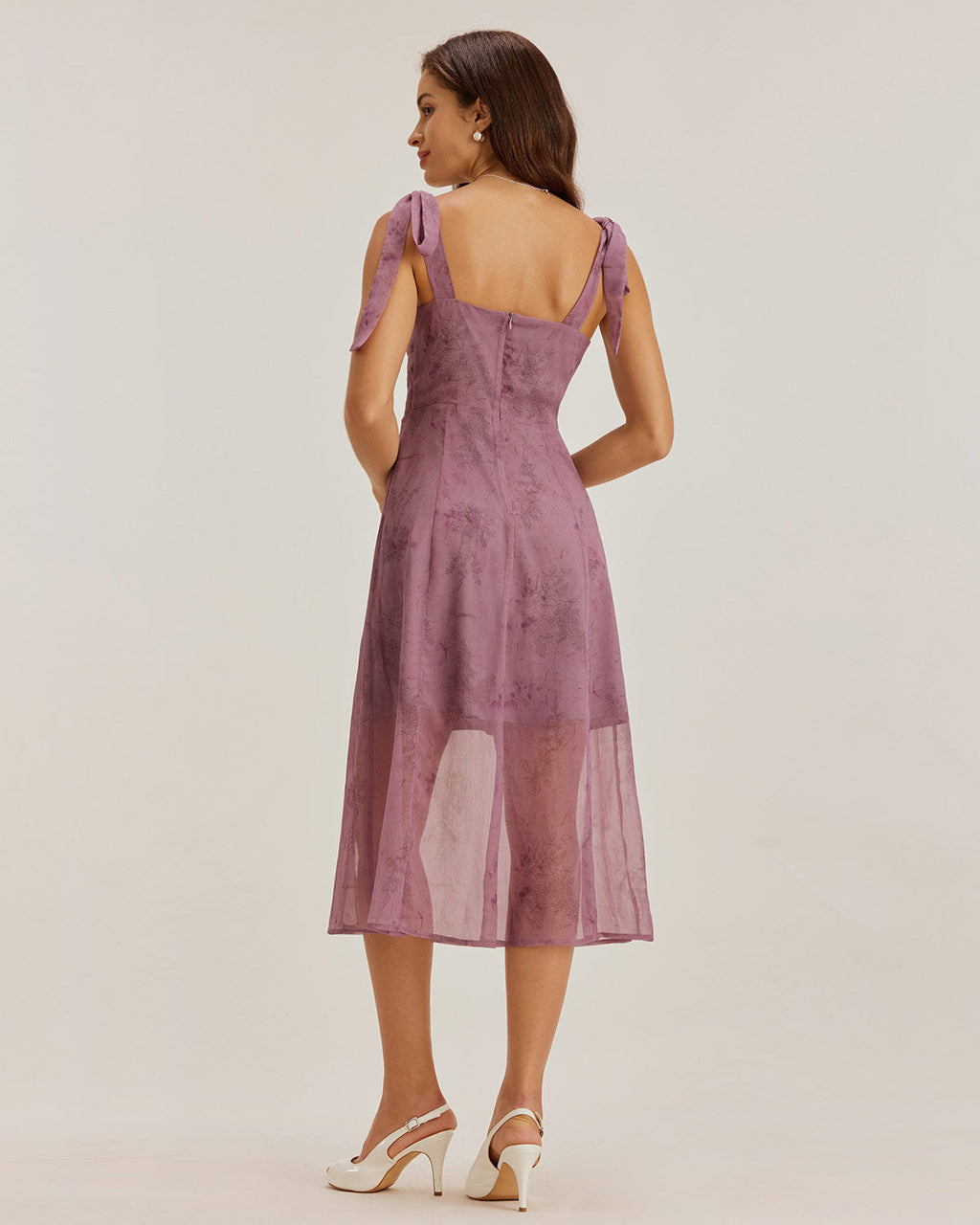 Mor Çiçekli Kravat Askılı Midi Elbise