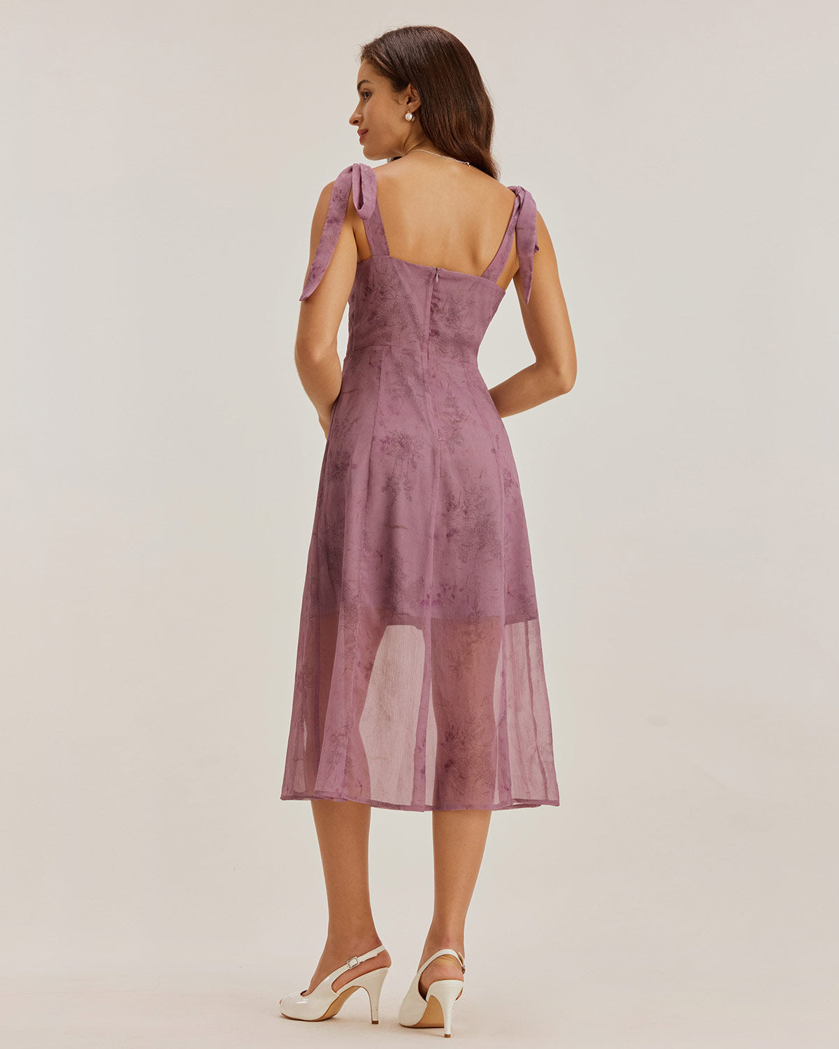 Mor Çiçekli Kravat Askılı Midi Elbise