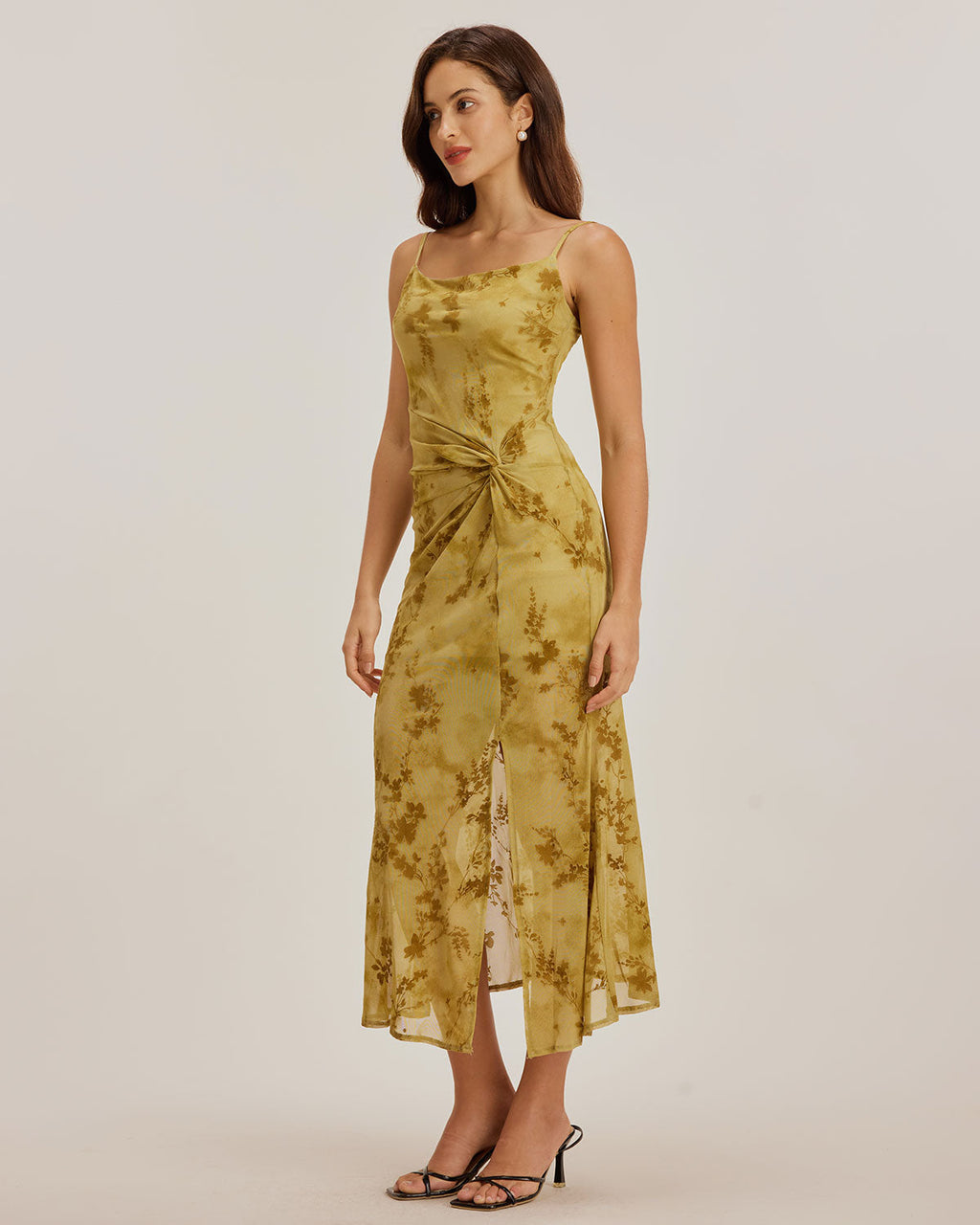 Yeşil Çiçekli Büzgülü Slip Midi Elbise