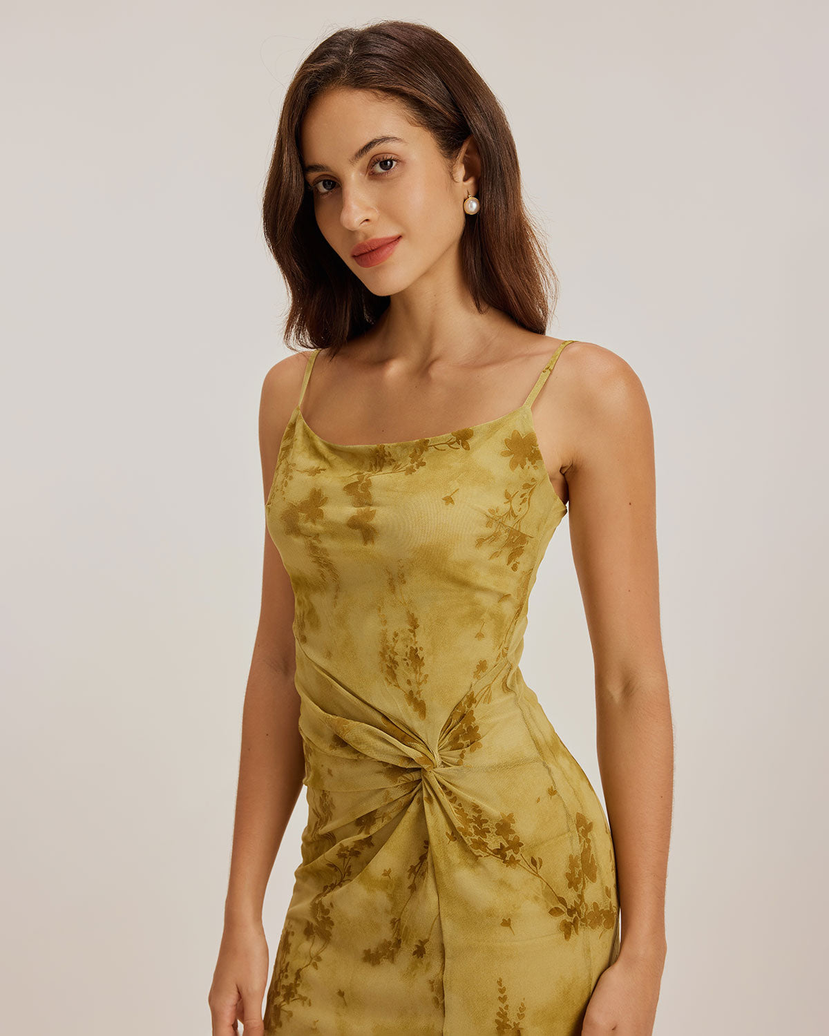 Yeşil Çiçekli Büzgülü Slip Midi Elbise