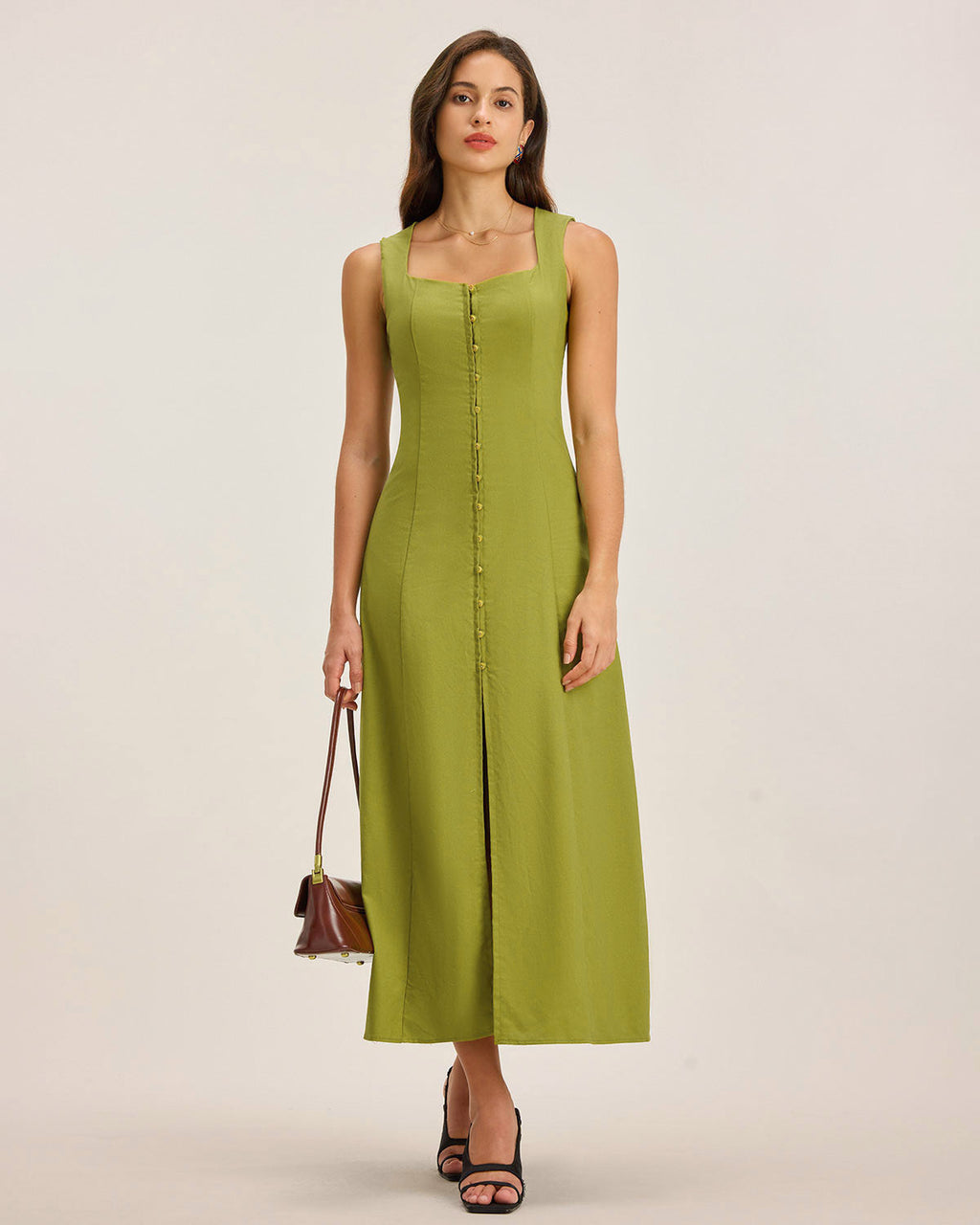 Yeşil Kare Yaka Düğmeli Kolsuz Midi Elbise