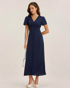 Mavi V Yaka Düğmeli Pileli Midi Elbise