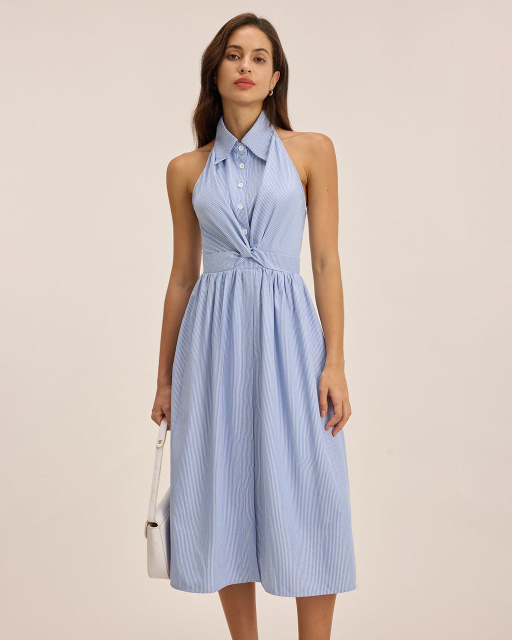 Mavi Çizgili Twist Sırtı Açık Midi Elbise