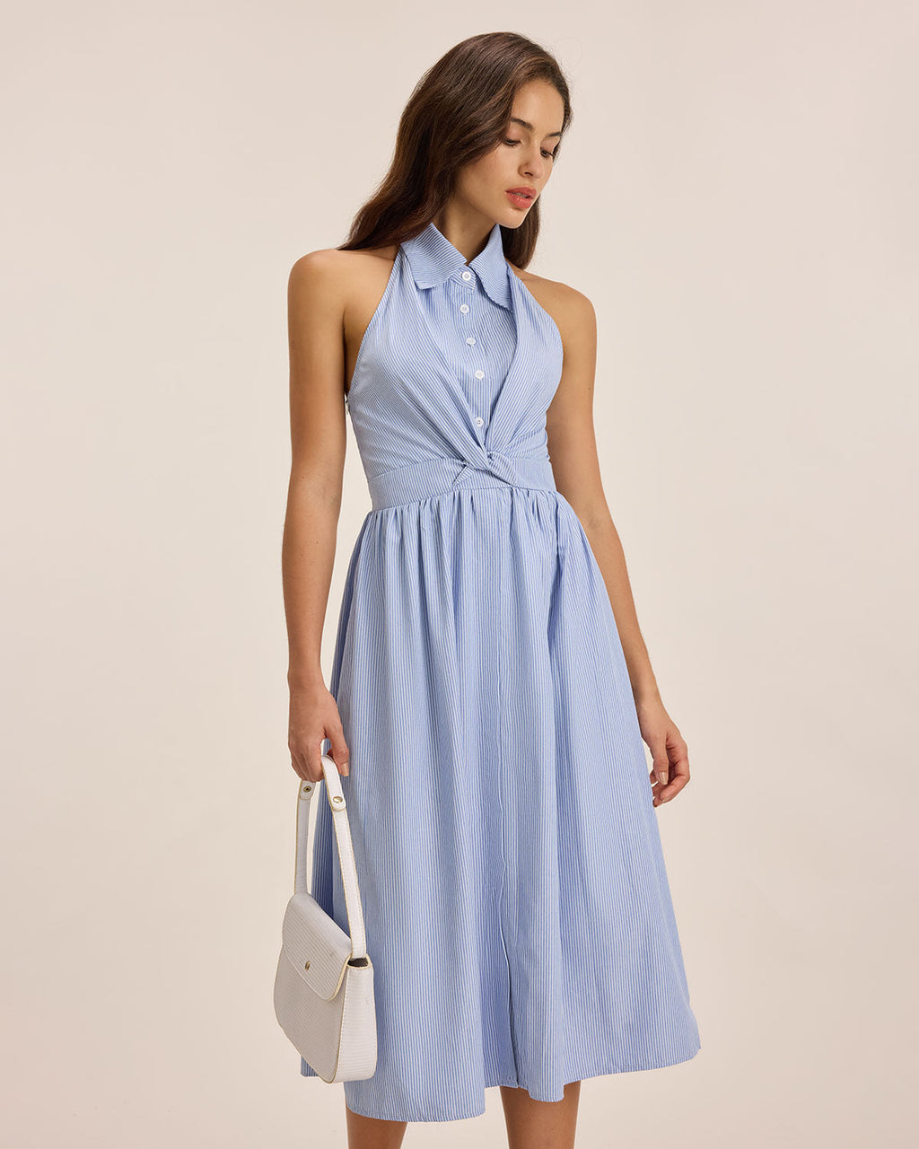 Mavi Çizgili Twist Sırtı Açık Midi Elbise