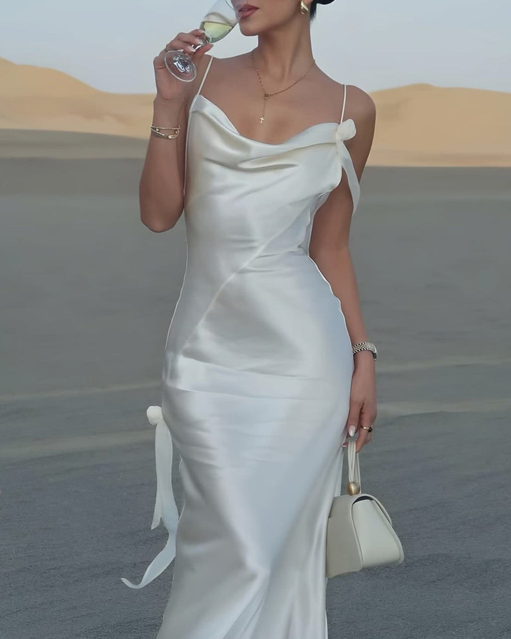 Bej Kıvrımlı Sırtı Açık Slip Maksi Elbise