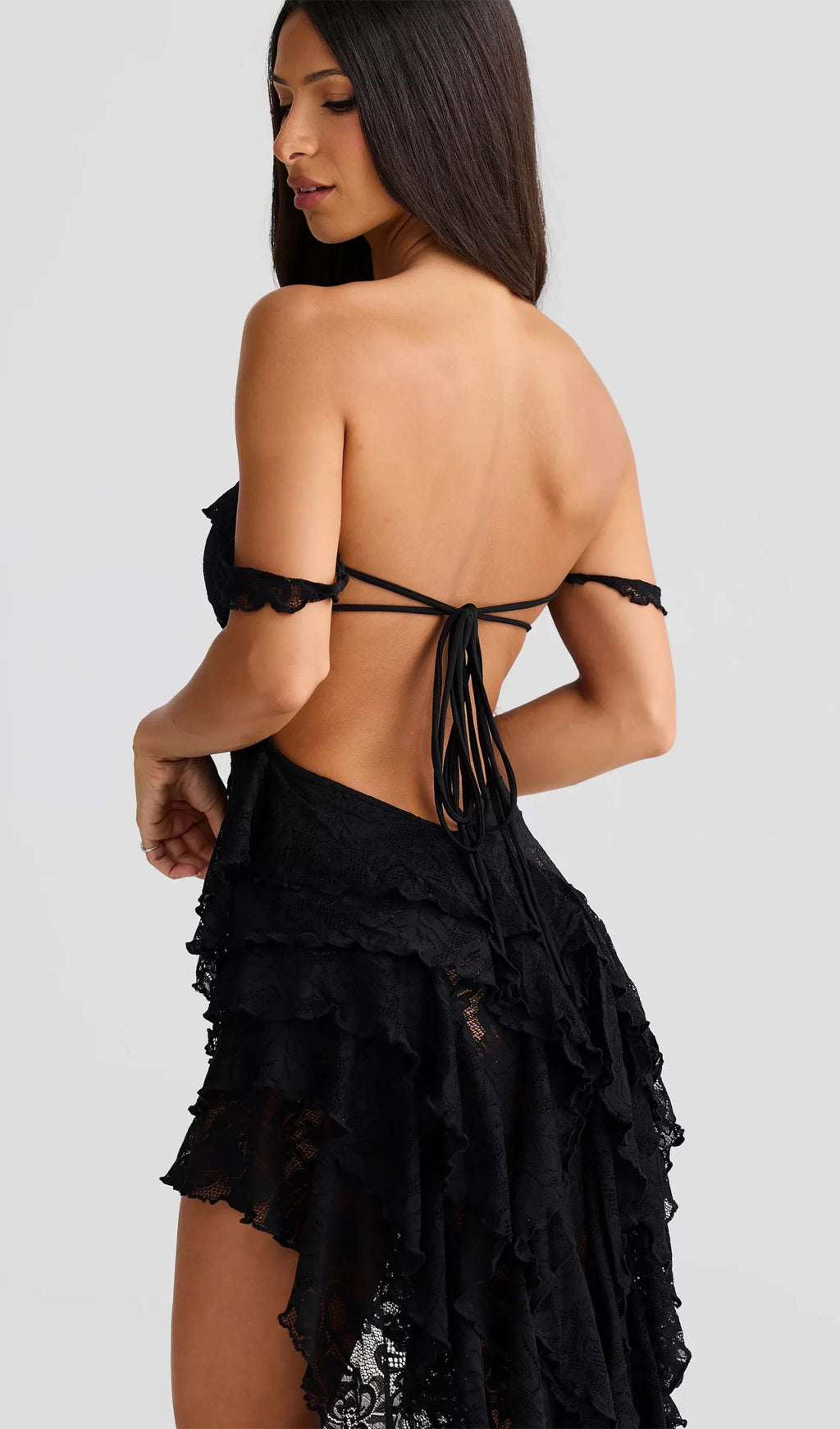 Mavi Asimetrik Etek Ucu Dantelli Fırfırlı Elbise