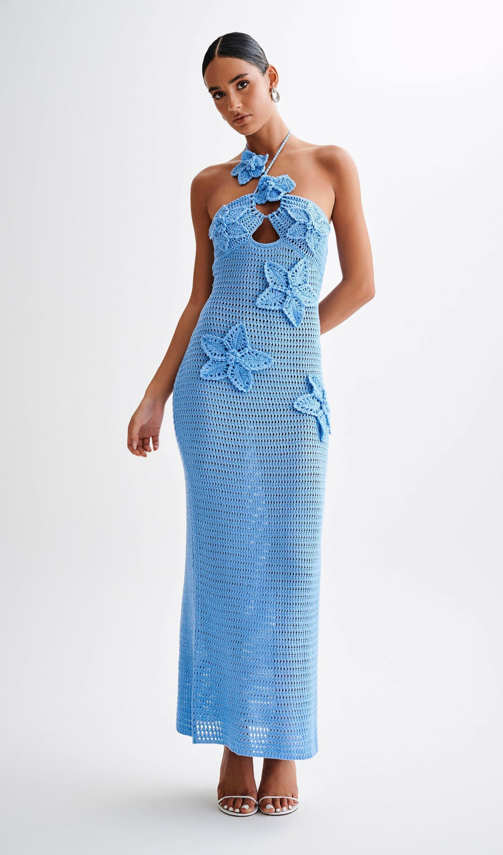 Çiçekli Tığ İşi Uzun Elbise Mavi