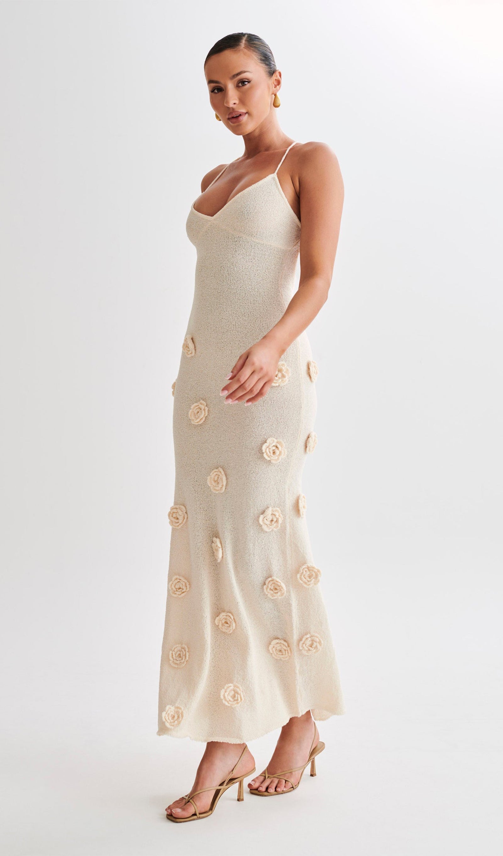 Çiçekli Örme Uzun Elbise - Kırık Beyaz