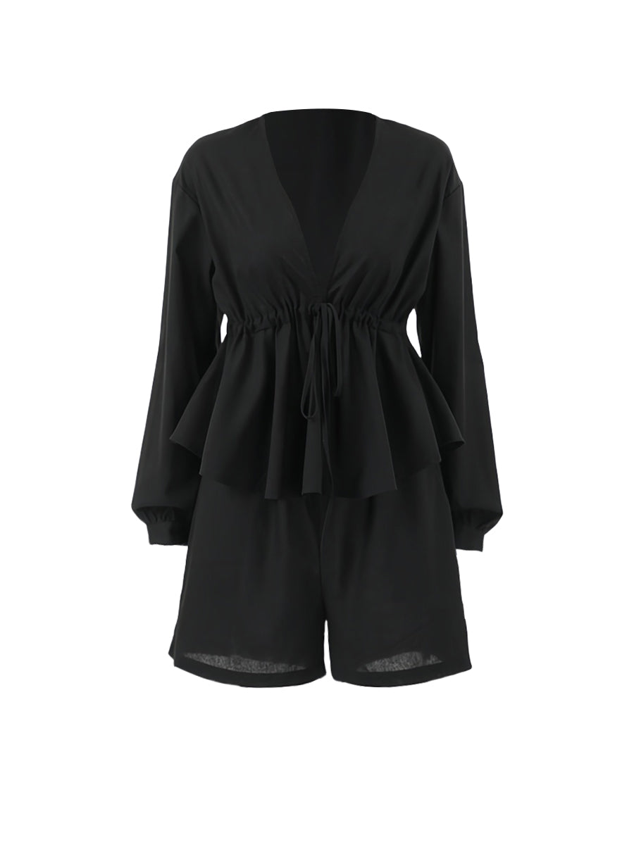 Siyah Bağlamalı Şort Takımı