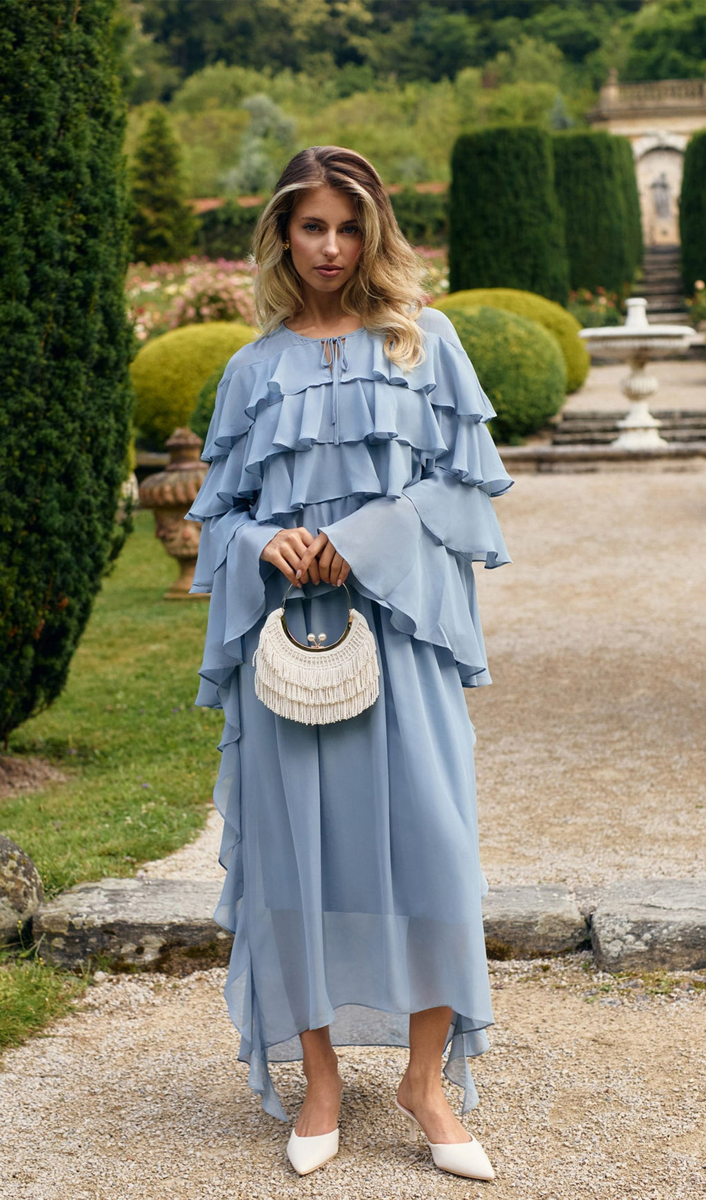 Bebek Mavisi Volanlı Uzun Elbise