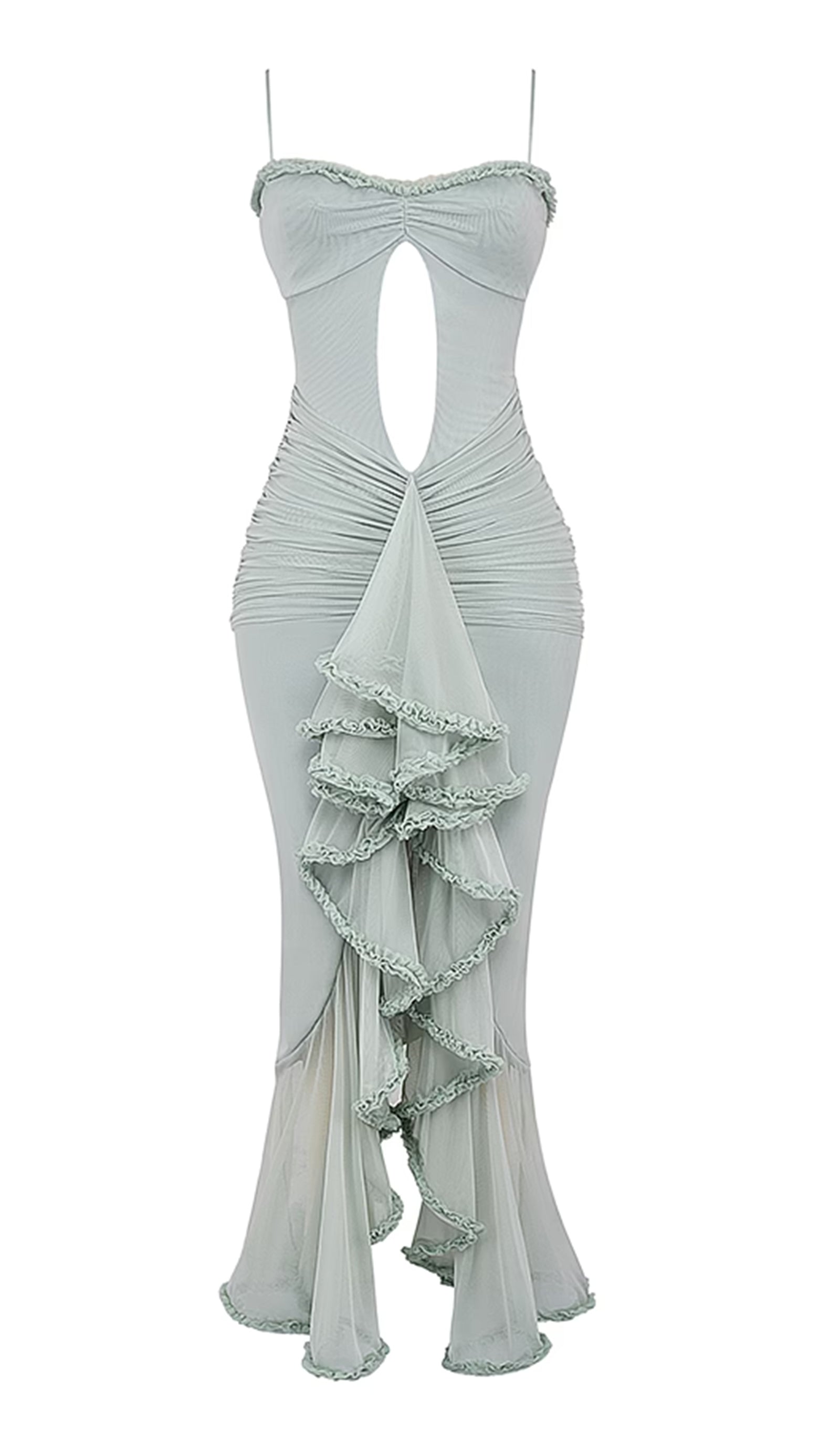 Önü Volanlı Uzun Elbise - Yeşil