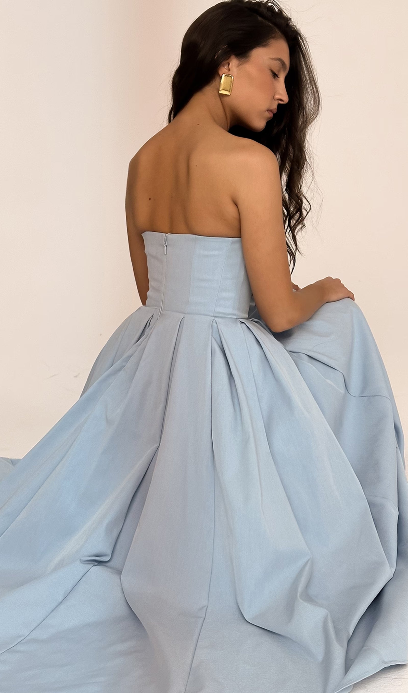 Açık Mavi Askısız Korseli Midi Elbise