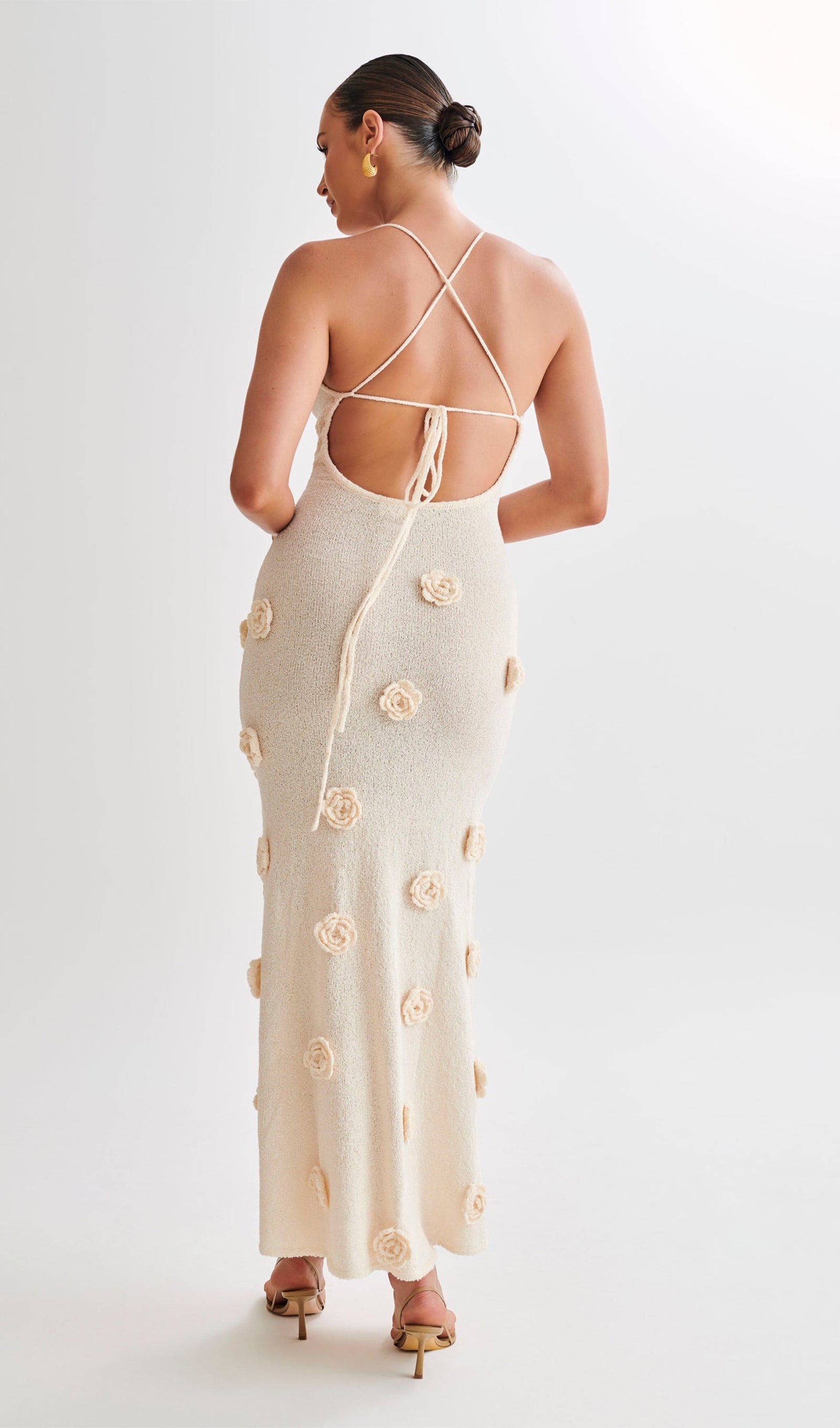 Çiçekli Örme Uzun Elbise - Kırık Beyaz