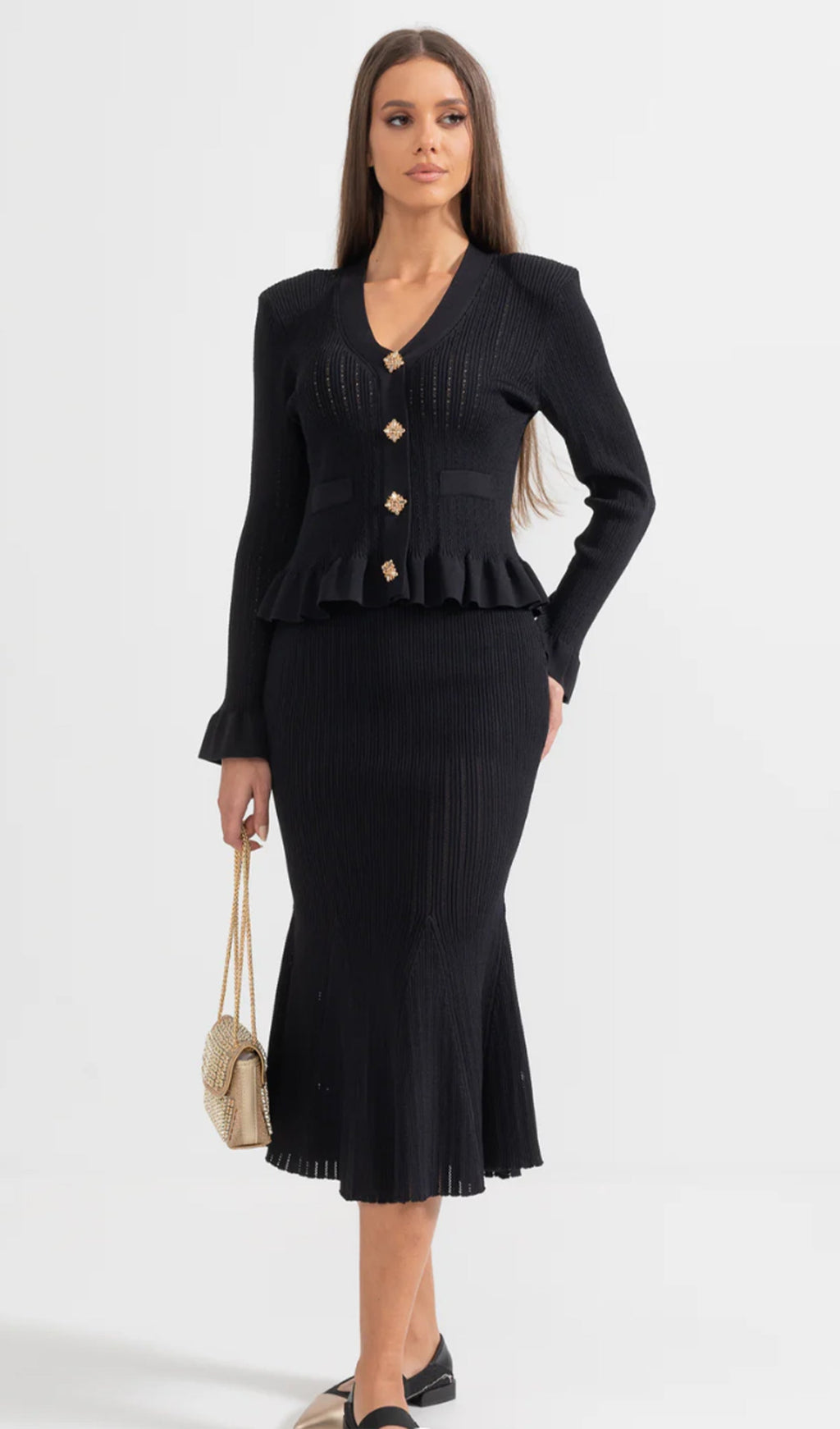 Fırfırlı Kloş Örgü Midi Elbise