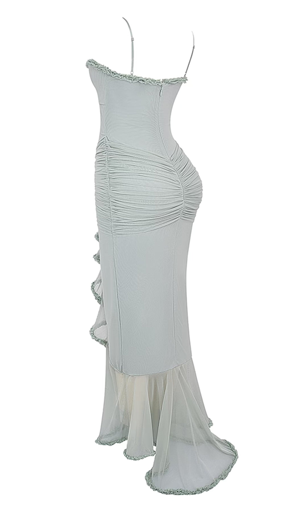 Önü Volanlı Uzun Elbise - Yeşil