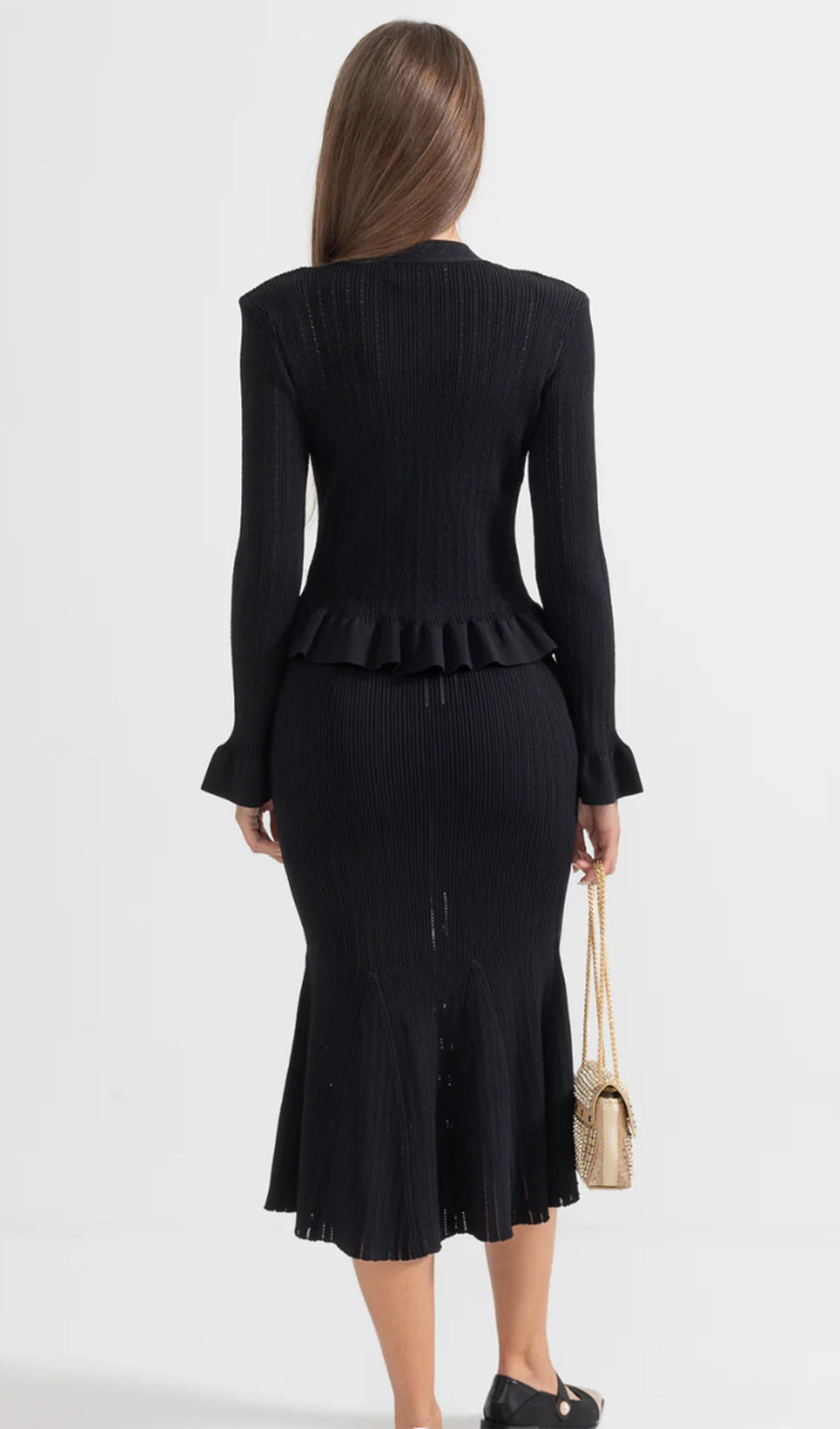 Fırfırlı Kloş Örgü Midi Elbise