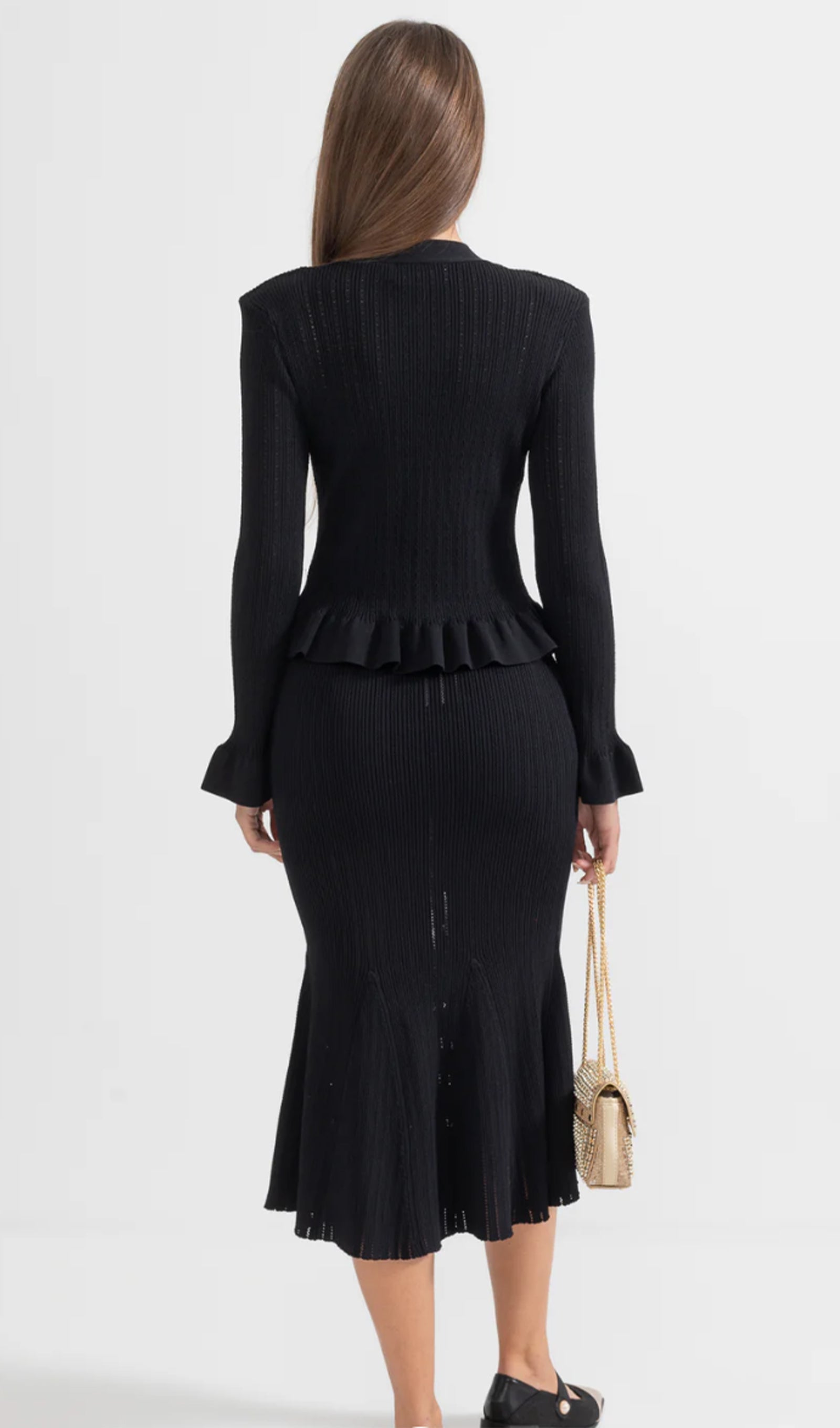 Fırfırlı Kloş Örgü Midi Elbise