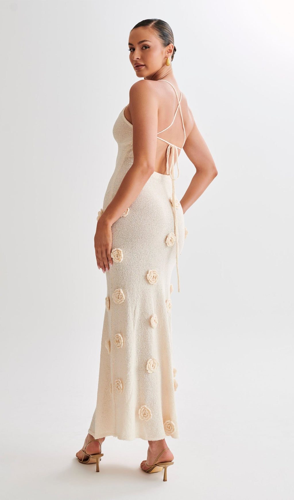 Çiçekli Örme Uzun Elbise - Kırık Beyaz