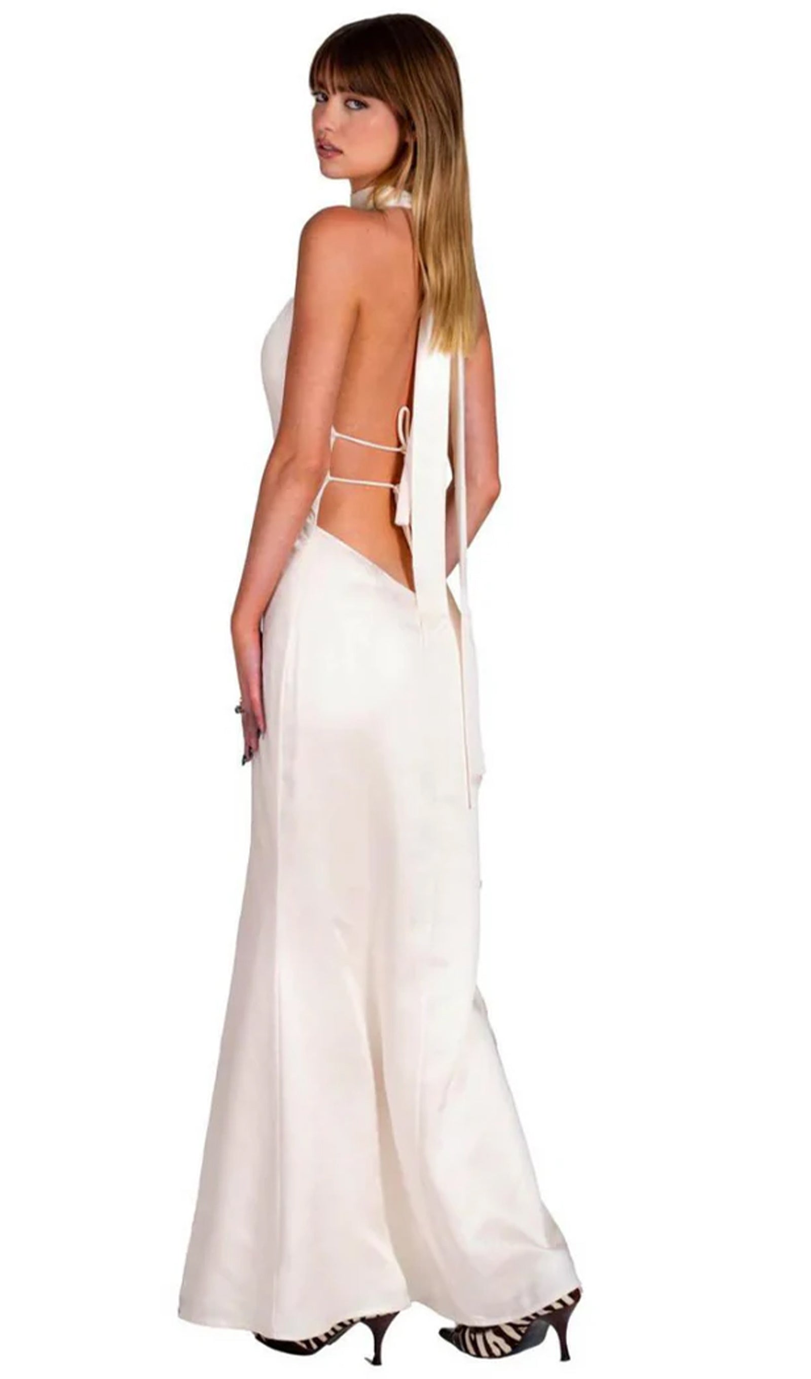 Derin V Yaka Saten Uzun Elbise