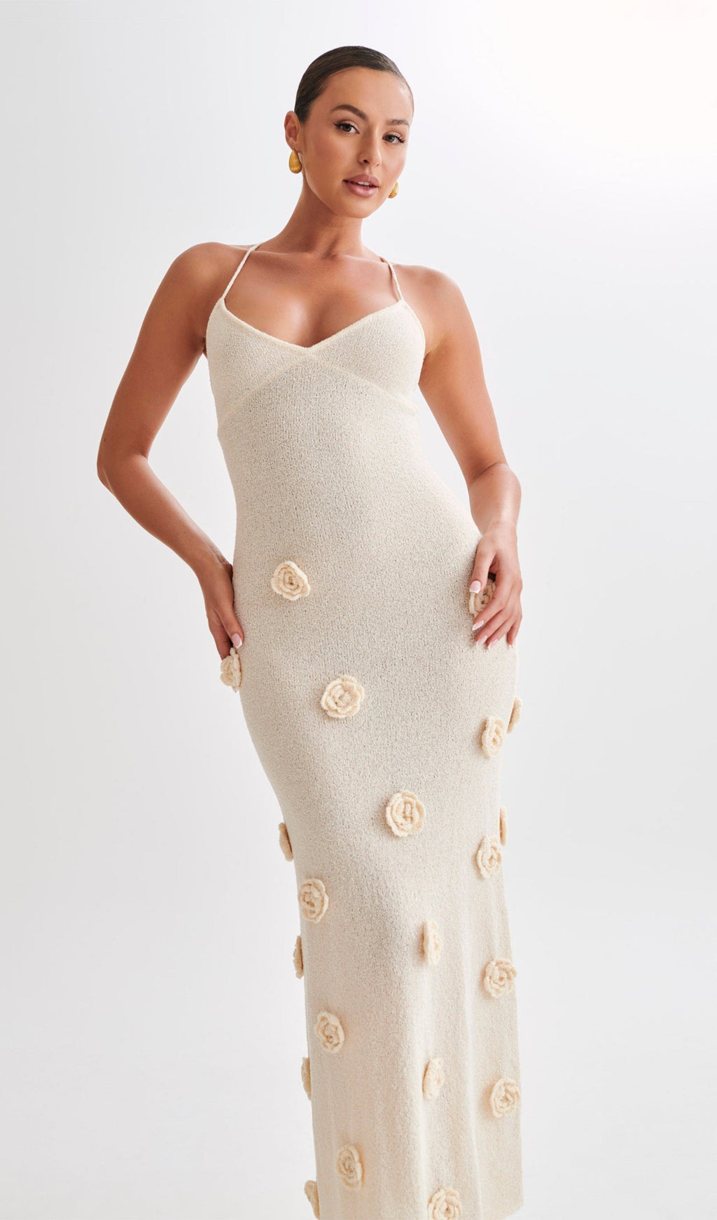 Çiçekli Örme Uzun Elbise - Kırık Beyaz