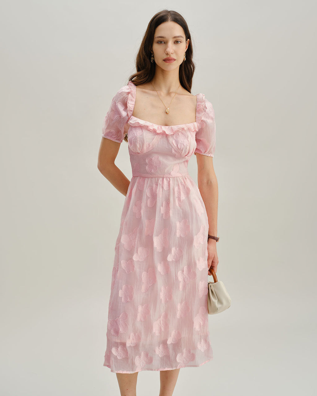 Pembe Kare Yaka Kabarık Kollu Midi Elbise