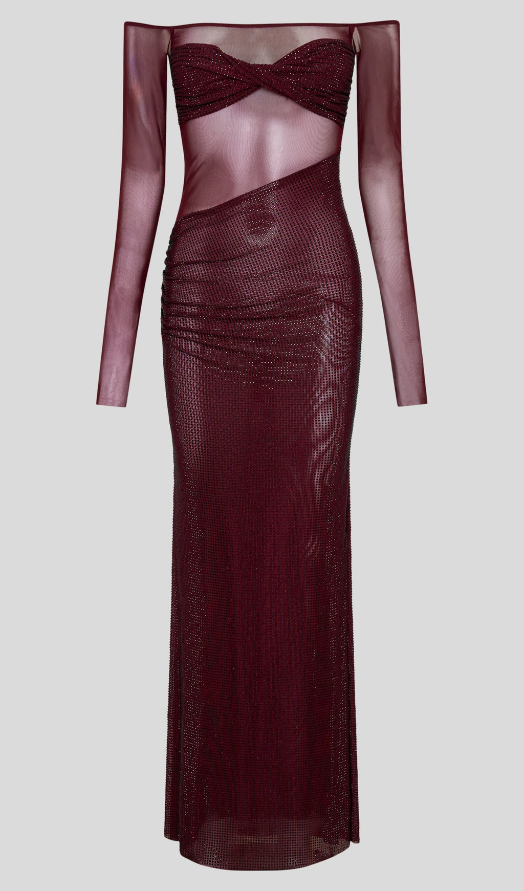 Pırlanta Omuz Açık Uzun Elbise - Kırmızı