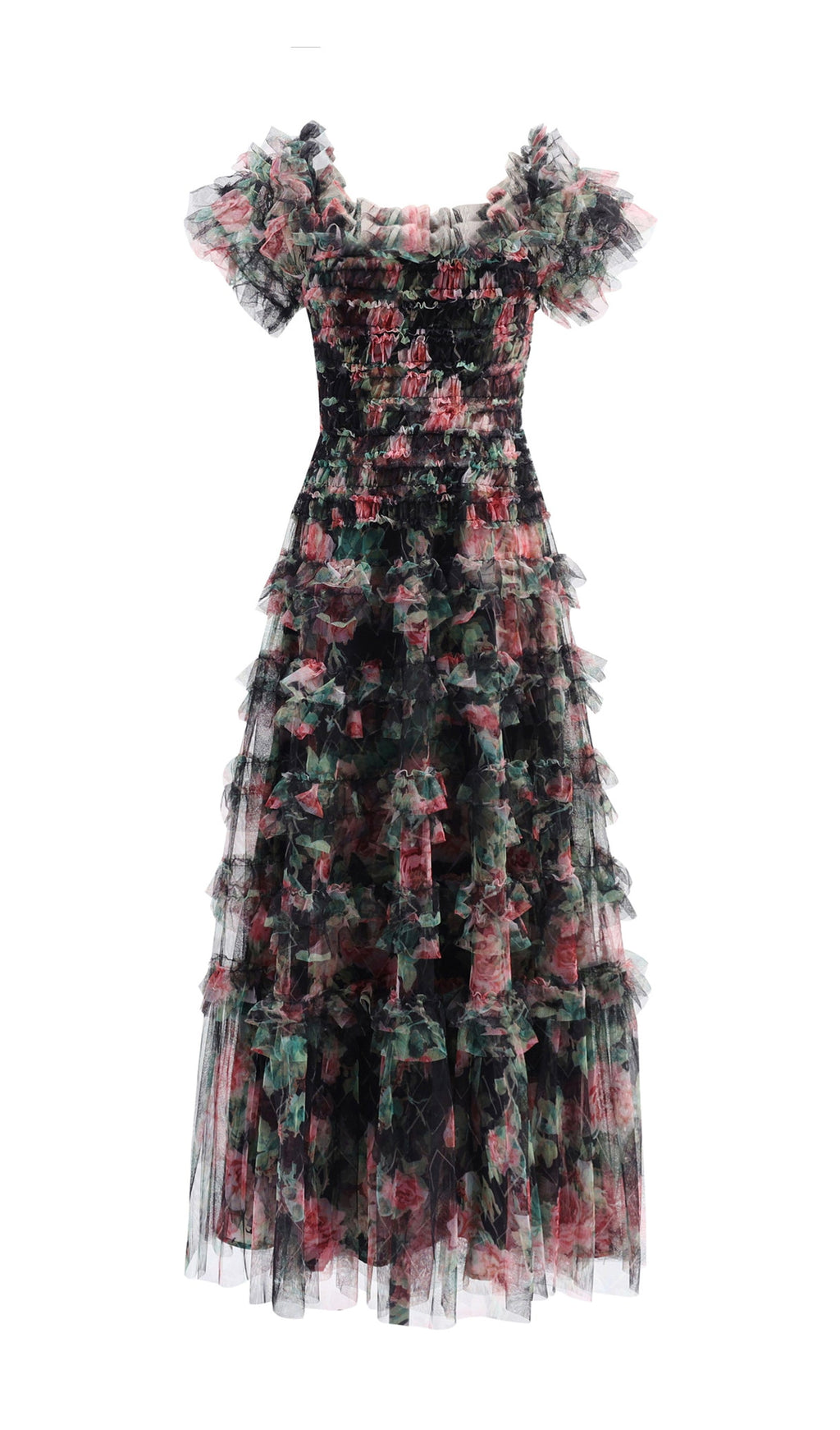 Omuz Açık Çiçekli Volanlı File Uzun Elbise