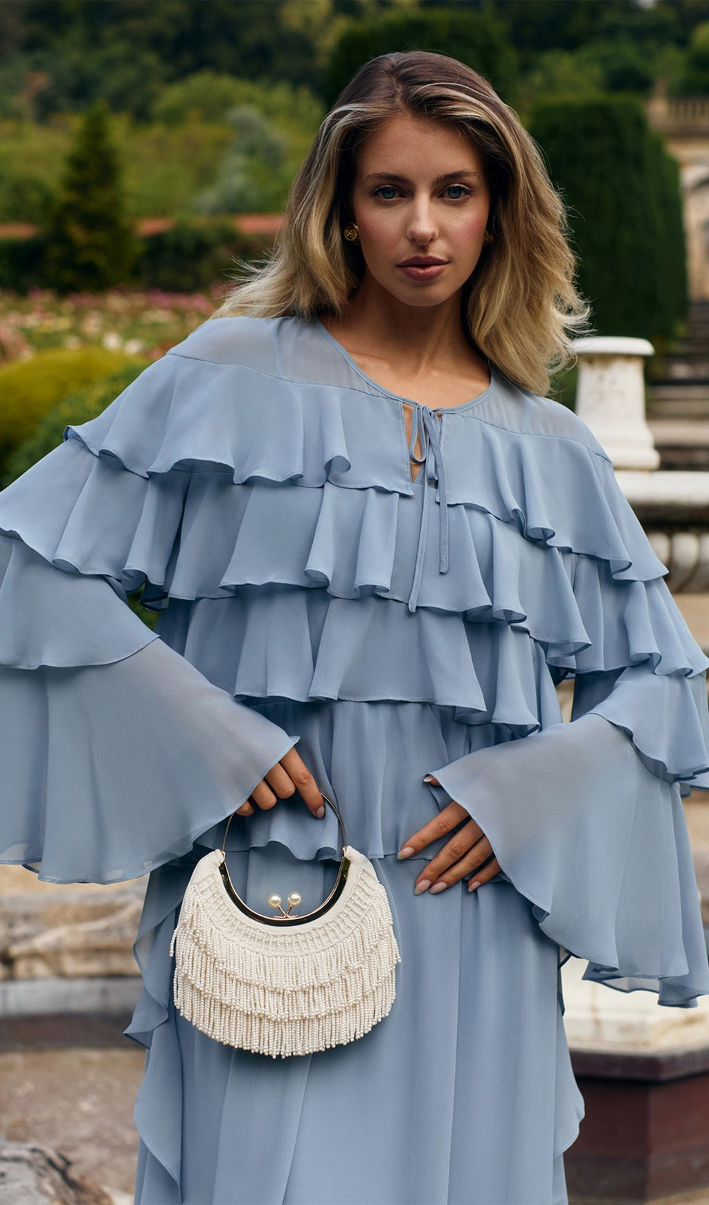 Bebek Mavisi Volanlı Uzun Elbise