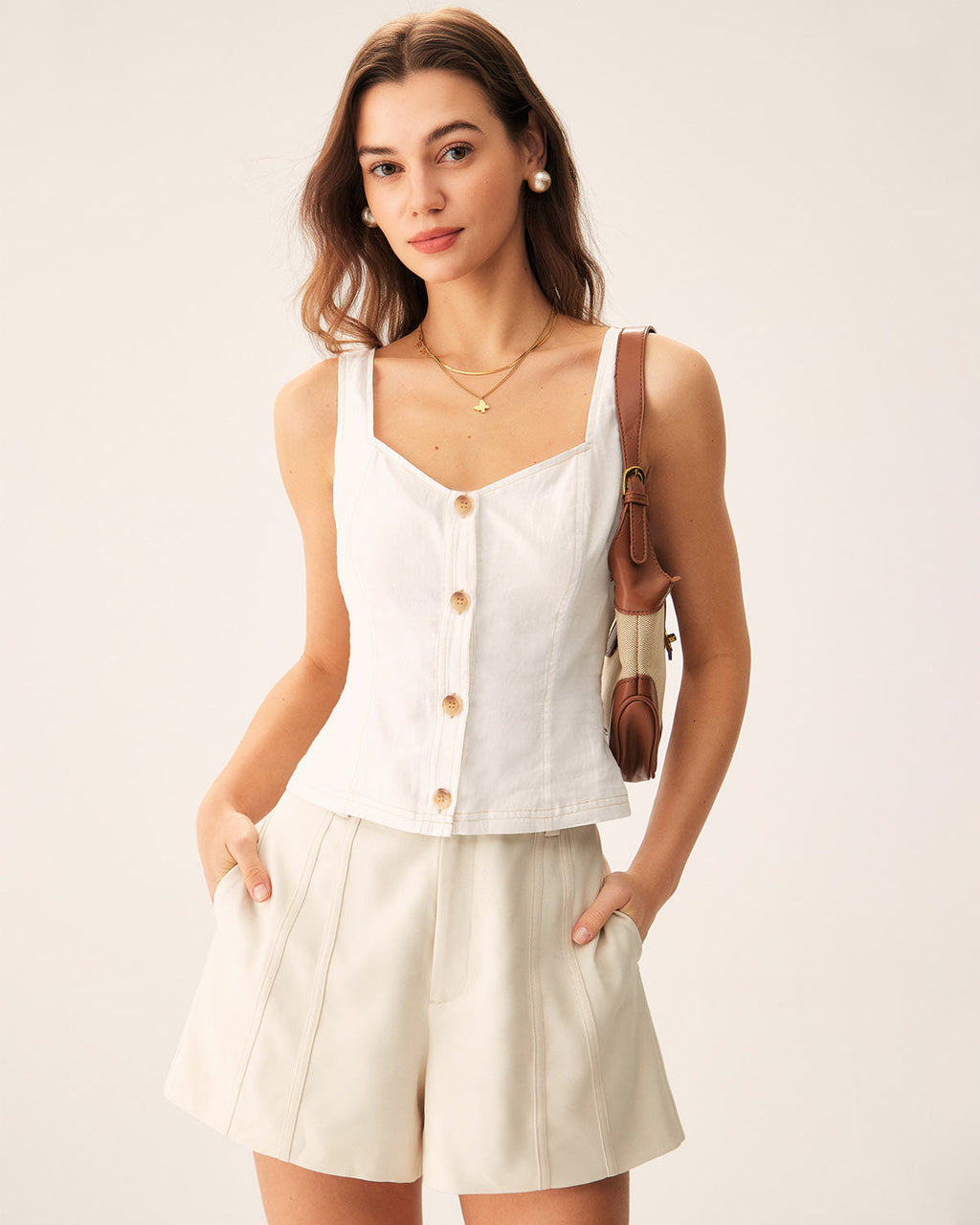 Bej Çizgili Cep Şort