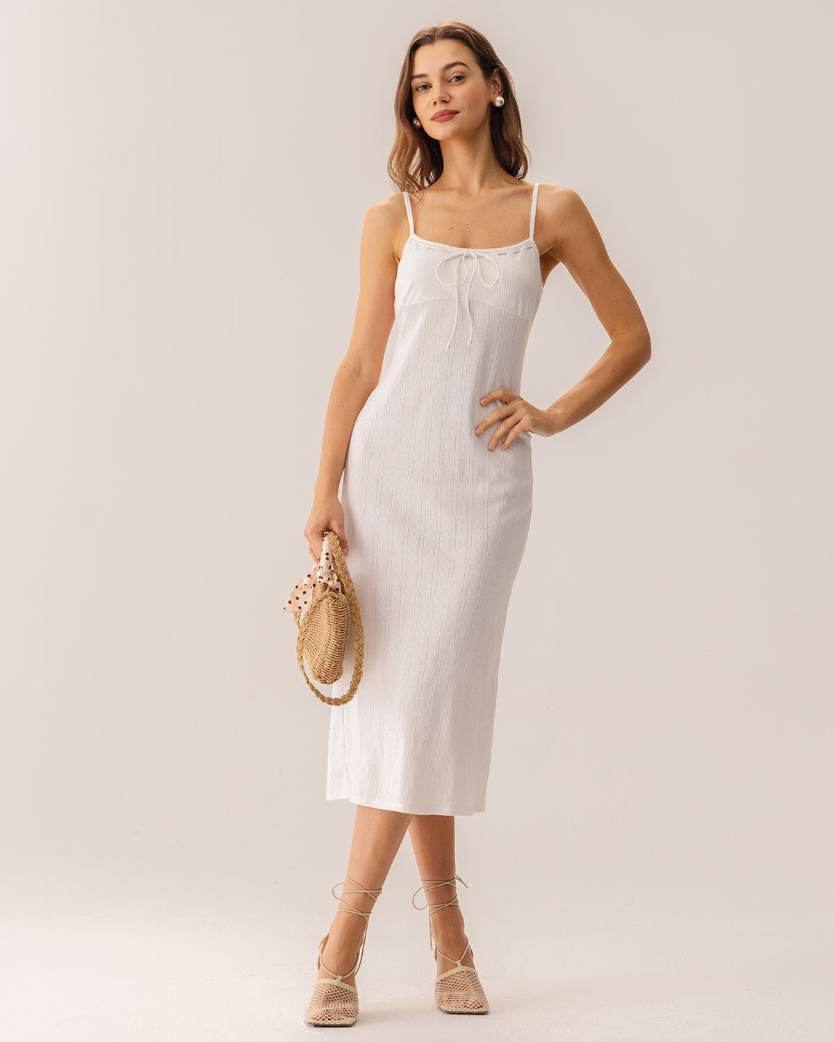 Beyaz Bodycon Yırtmaçlı Slip Midi Elbise