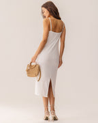 Beyaz Bodycon Yırtmaçlı Slip Midi Elbise