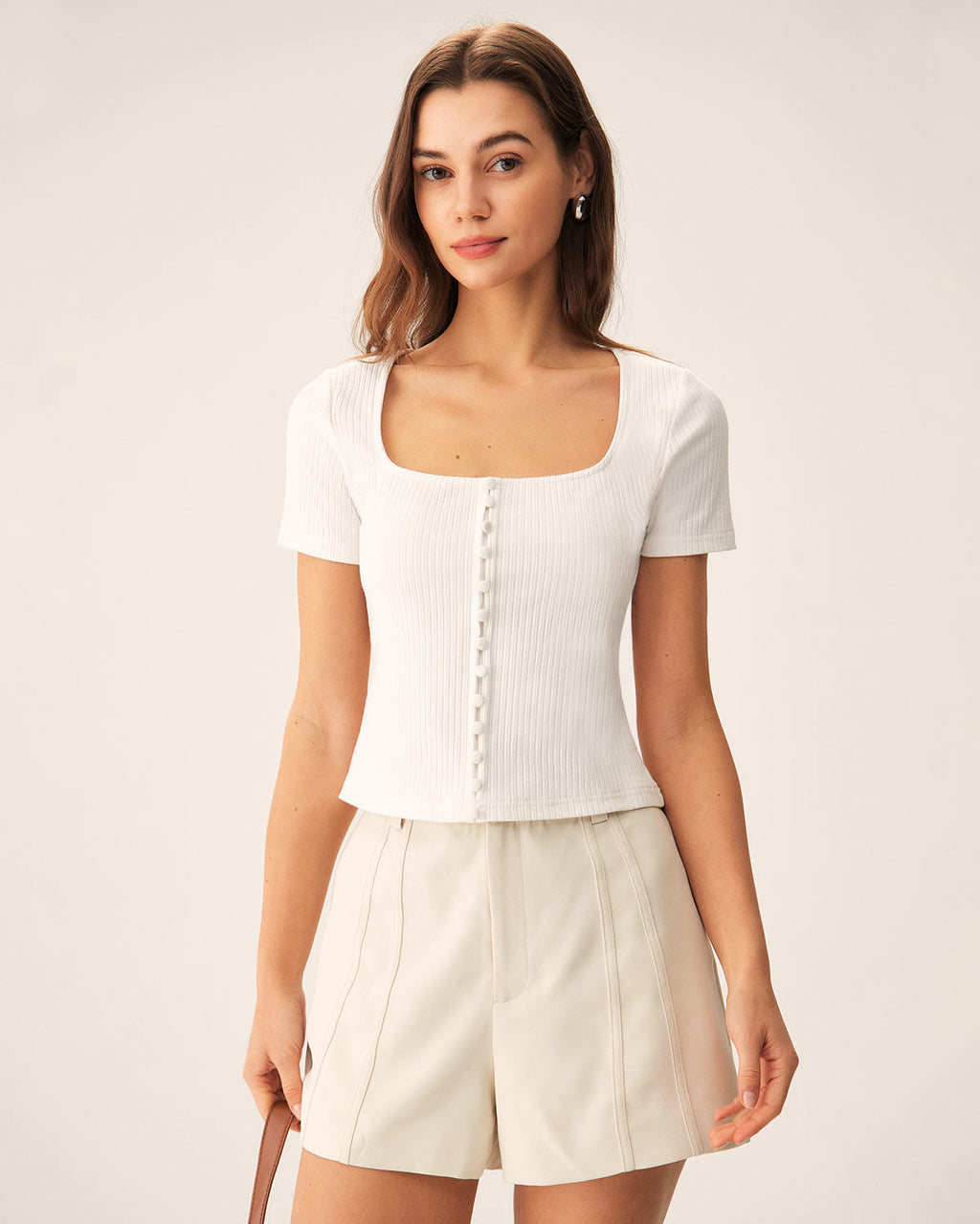 Beyaz Kare Yaka Fitilli Triko Tişört